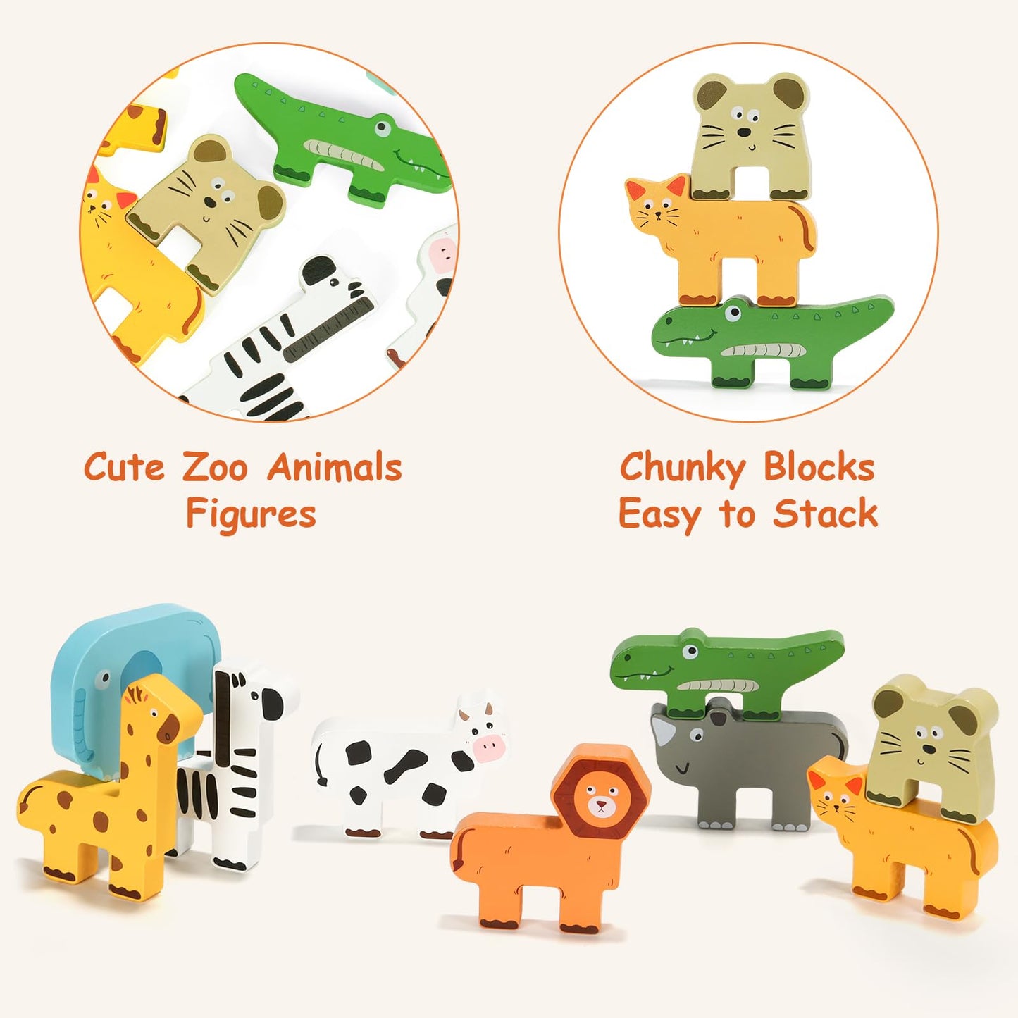 JugueteLand Wooden Animal Stacking Puzzle Toy, Educational Balancing Activity Toy for Kids, Wooden Zoo Animal Building Blocks Stacker & Bag, Stacking and Balance Toys for Toddlers 2-4 Years