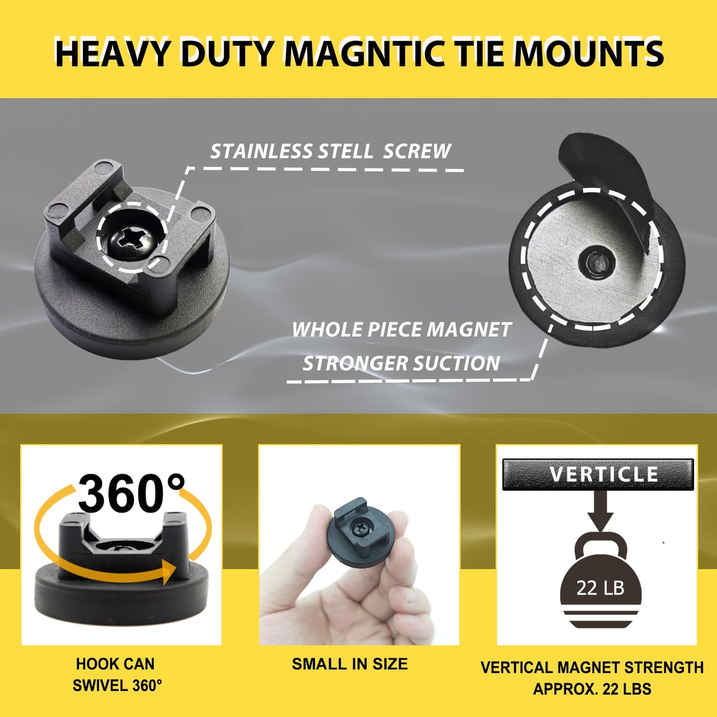 Magnetic Zip Tie Mounts, 10 Pack Heavy Duty Magnetic Cable Holder with 20 Reusable Zip Ties - 31mm Multipurpose Magnet Wire Management Bases for Cord Organizer (Black)
