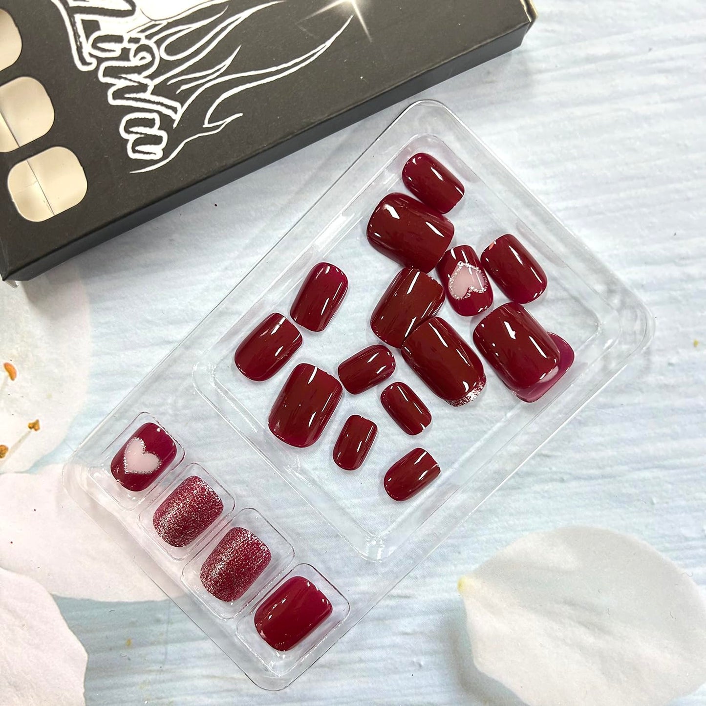Wine Red Love Heart Valentine's Fake Nails Glitter Powder Design Full Cover Coffin Nails Glossy Press on Nails Short Square Artificial Nails Valentines Charm Stick on Nails for Women 24Pcs