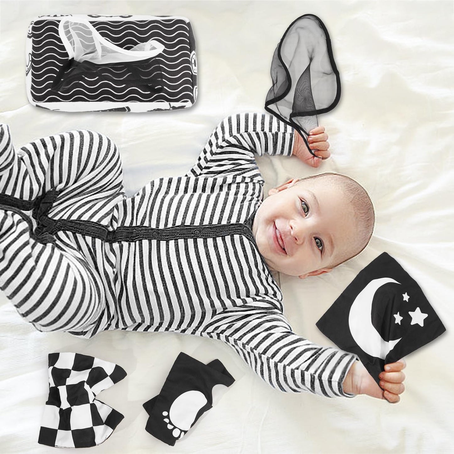 Yeeeasy Baby Tissue Box Toy High Contrast for Newborn Black and White Montessori Toy for Babies 3 Months Sensory Tissue Box