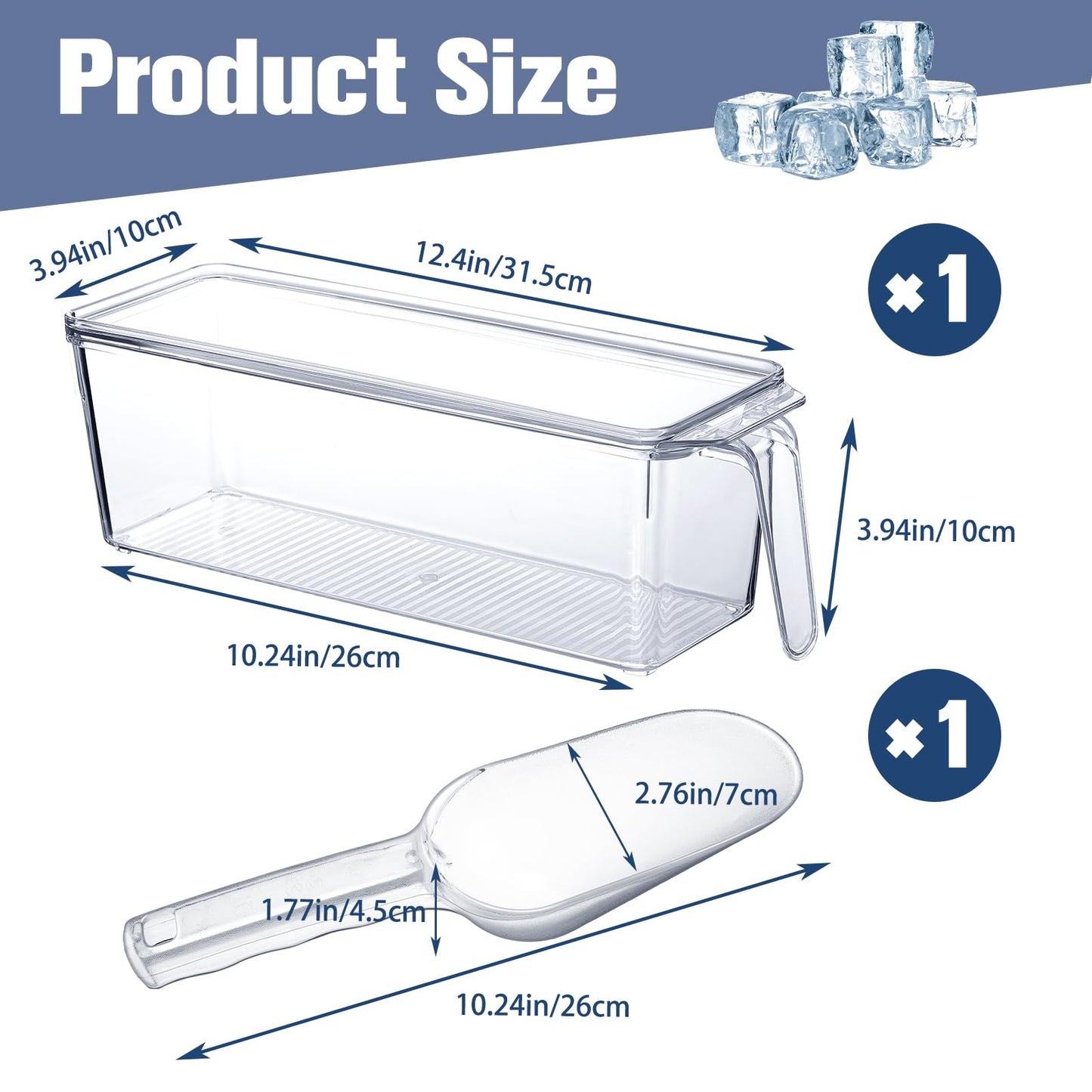 Havawish Ice Storage Bin for Freezer with Lid and Flexible Scoop Set Plastic Ice Container with Lid Handle for Home Office Fridge Storage (12.4 x 3.94 x 3.94 Inches,Clear,2 Pcs)