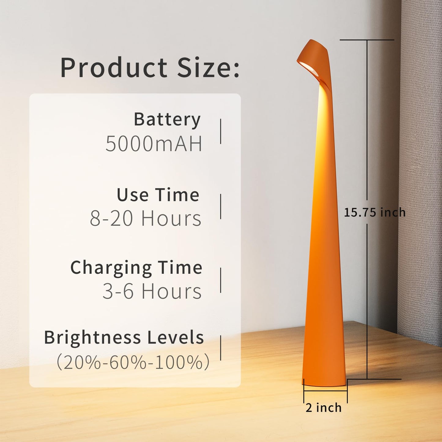 HAPYGI Portable Cordless LED Desk Lamp, Rechargeable Wireless Table Lamp, 3-Level Brightness, Patio & Bedside Night Light, Dining Room Ambient Reading Light (Orange)