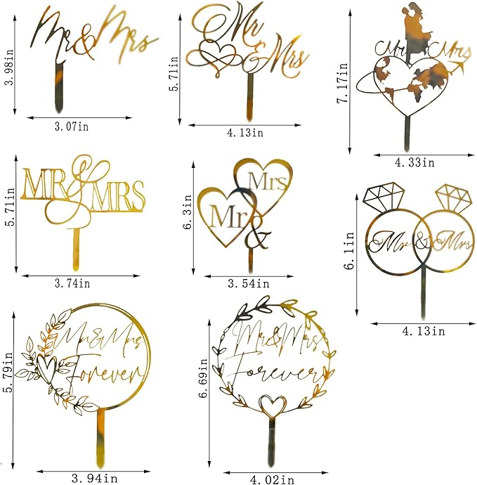 8 Pcs Mr and Mrs Cake Topper, Gold Acrylic Wedding Cake Toppers, Personalized Wedding Cake for Weddings, Engagement, Anniversary，Bridal Shower Cake Decoration