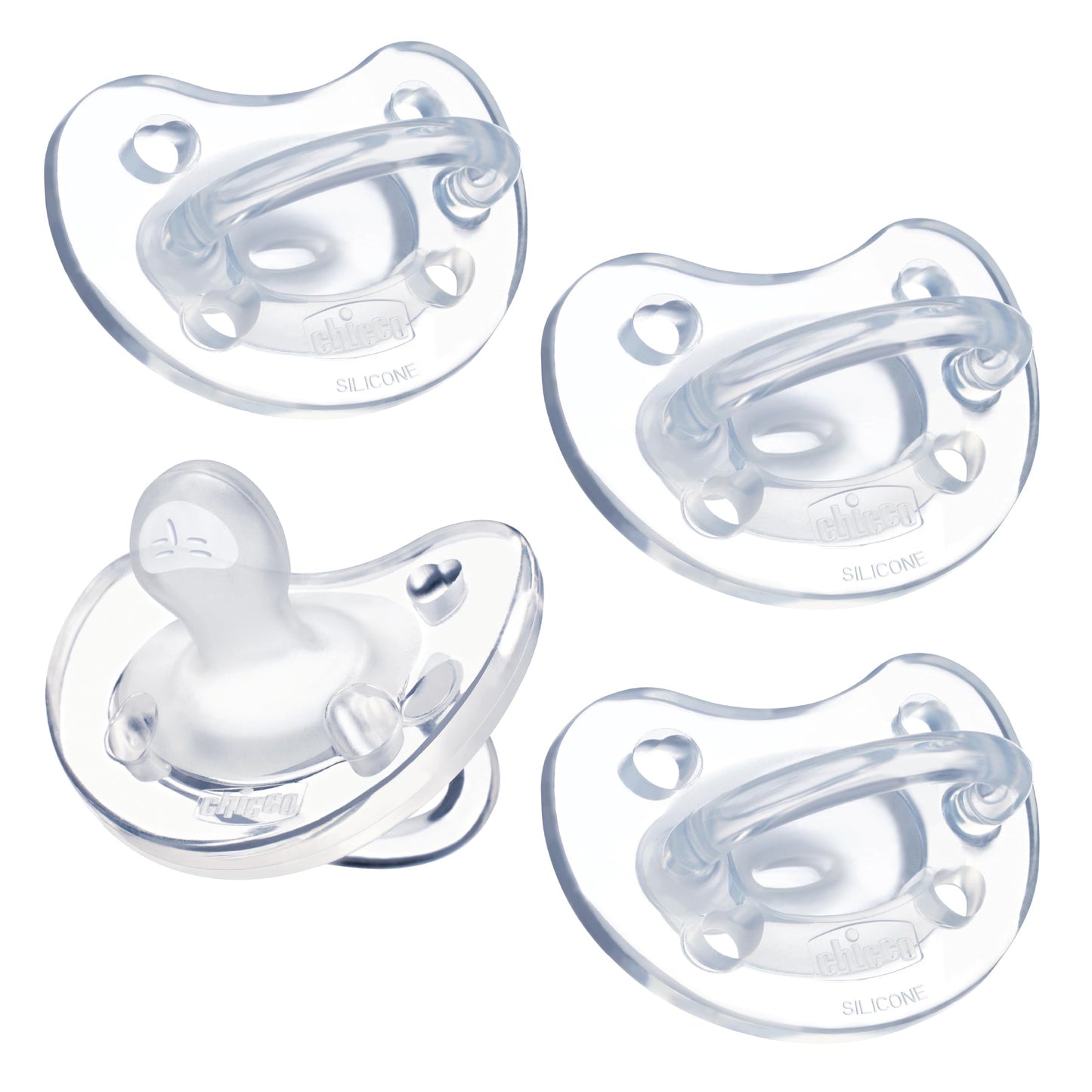 Chicco PhysioForma Orthodontic Pacifier for Babies 0-6 Months, 100% Soft Silicone, BPA Free & Breathing Support, 4-Pack with Sterilizing Case, Clear