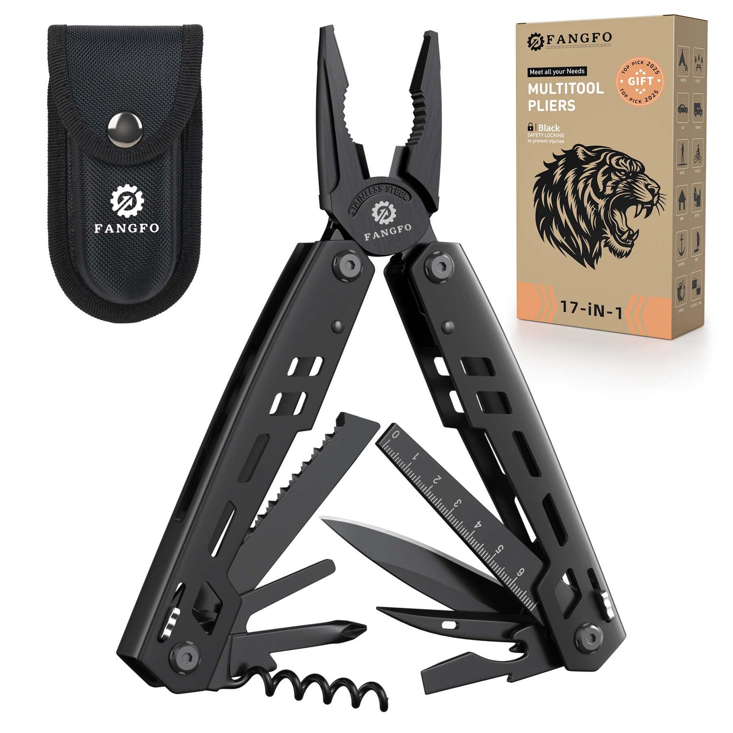 Multitool 17-in-1 Stainless Steel Multi Tool with Pocket Knife Needle Nose Pliers Bottle Opener Screwdriver Self-Locking Professional Multi-Tool for Outdoor Survival Gifts for Men(Black)