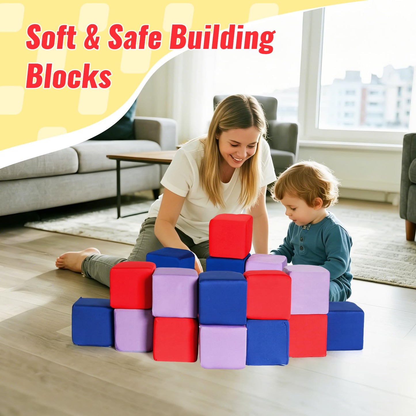 COZYTRAUM 12-Pack 5 Inch Foam Cubes, Soft Play Pit Fillers for Indoor Games, Trampoline & Rock Climbing Mats - 3 Colors (Blue/Red/Purple)...