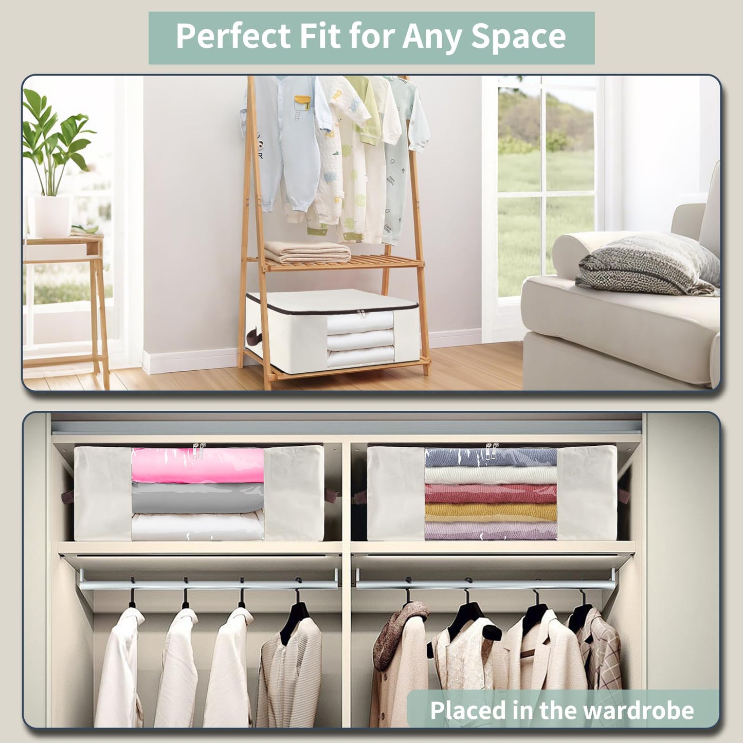 iwill CREATE PRO 2-Pack 65x45x23cm Cotton Canvas Storage Bags with See-Through Window - Soft, Durable & Space-Saving for Clothes, Blankets, Pillows