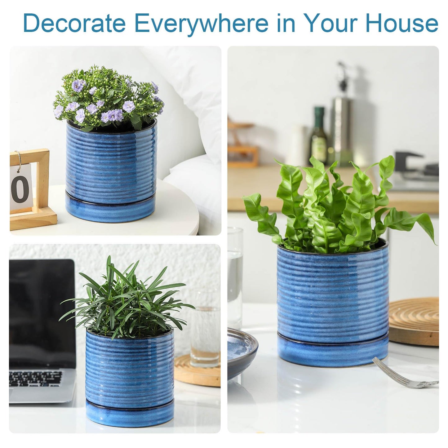 HASENSE 6 Inch Plant Pot, Porcelain Planter Pot with Drainage Hole and Tray, Indoor/Outdoor Reactive Glazes Succulent Cactus Planter, Modern Decorative Gifts for Family and Friends, Blue