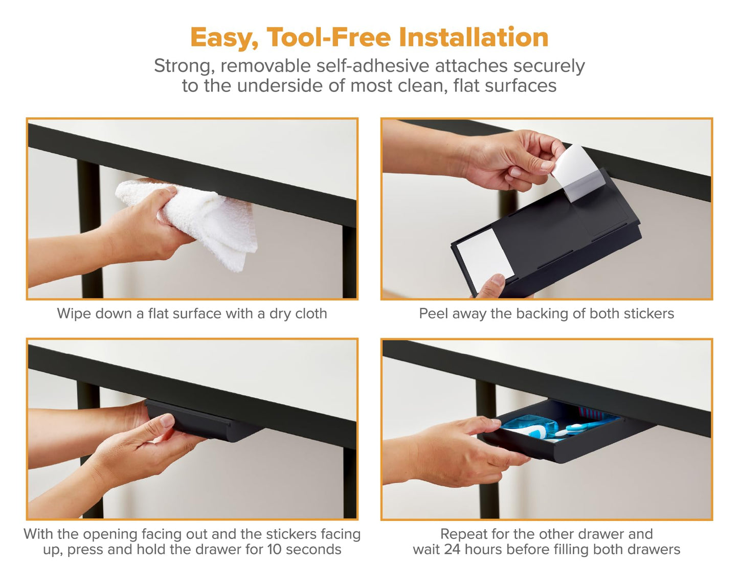 Bostitch Konnect Under Desk Drawer, Self-Adhesive Slide Out Storage Organizer with 4 Customizable Dividers, 2-Pack