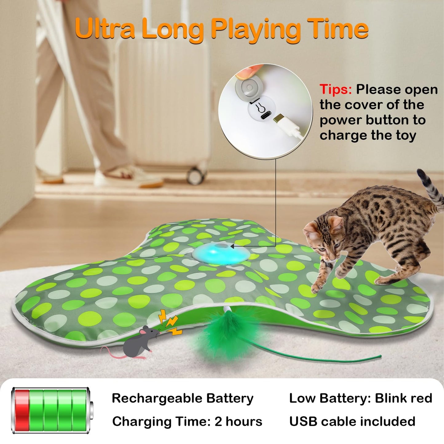 umosis Interactive Cat Toys Rechargeable,Moving Concealed Feathers,Real Mouse Squeaky,Touch Activated Cat Kitten Toy Exercise Toys for Indoor Bored Adult Cats