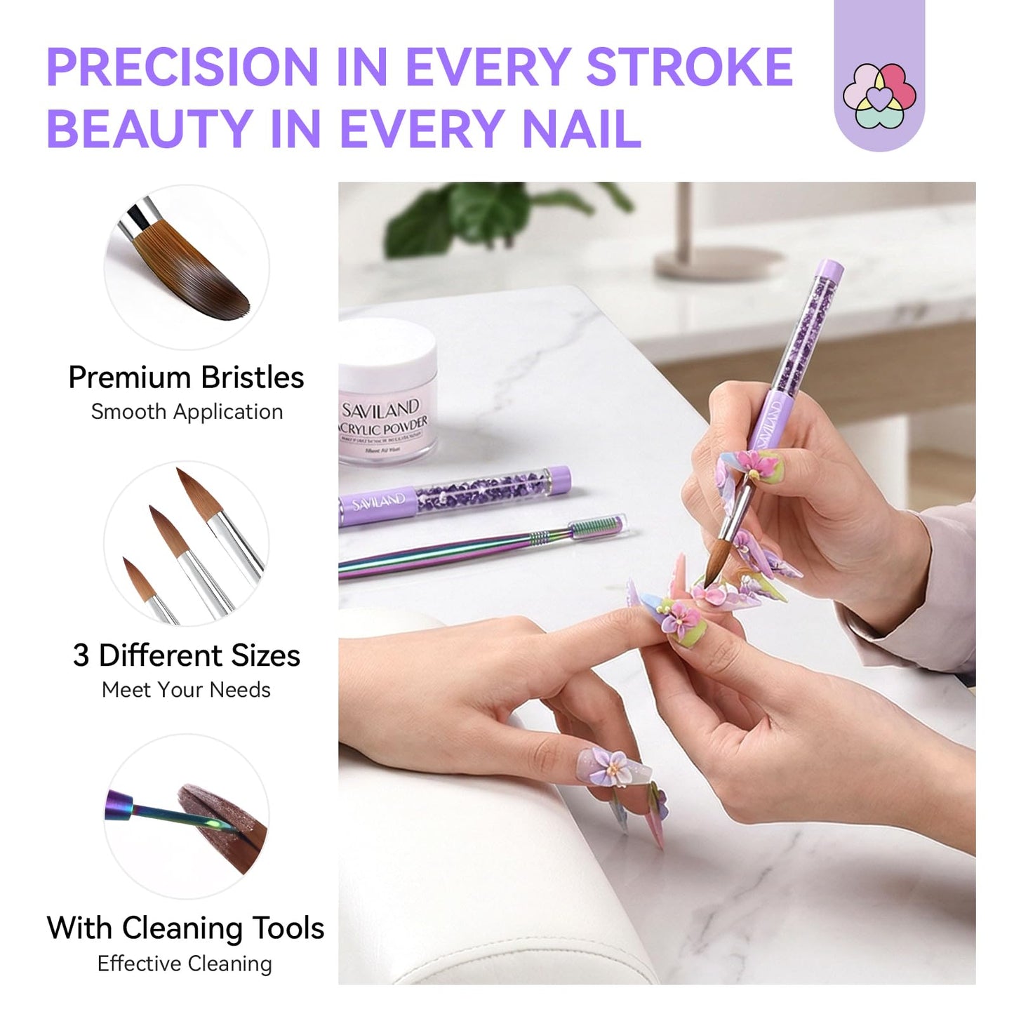 SAVILAND Kolinsky Acrylic Nail Brush Set: Size 6,10,14 Professional Nail Brushes Cleaner Manicure Tool for Acrylics Application Acrylic Powder Nails Extension 3D Carving for Nails Art DIY