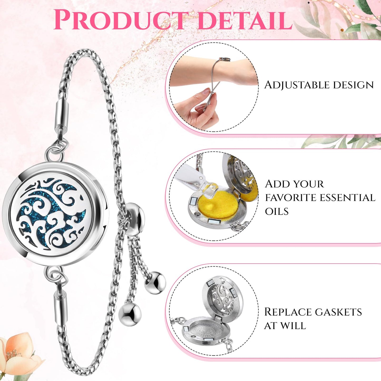 Yinkin 5 Set Essential Oil Diffuser Bracelet Gift for Mother Day Anxiety Relief Gifts 50 Pcs Refill Pads Stainless Steel Aromatherapy Locket for Mother Gift