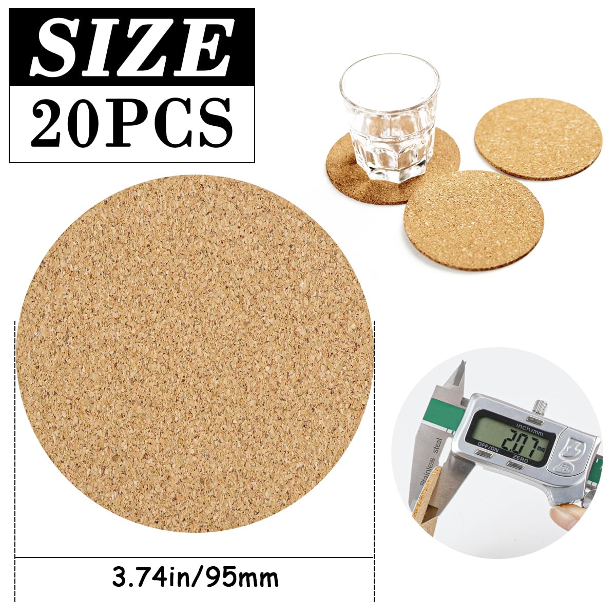 YOLUFER 20 Pcs Self-Adhesive Cork Sheets, Round Cork Board, Cork Coaster with Strong Adhesive for DIY Coasters (3.7Inch), Brown