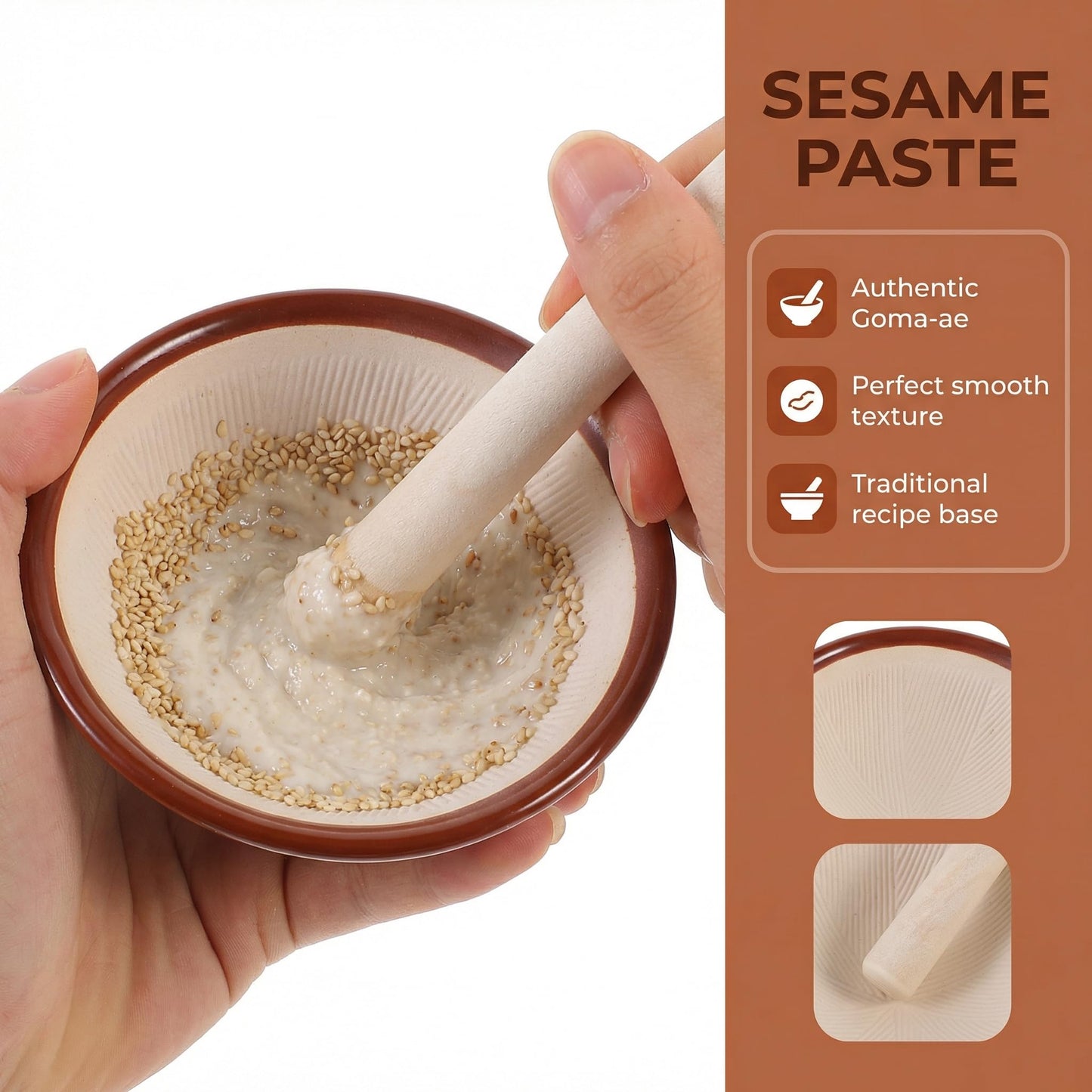 IMIKEYA Japanese Suribachi Mortar and Pestle Set: Ceramic Spice Grinder Bowl with Wooden Pestle for Grinding Seeds, Garlic, Ginger, and Spices