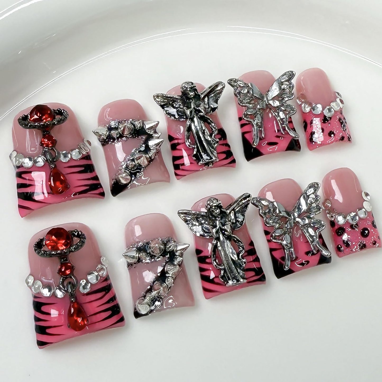 Luxury Press on Nails Short Duck Handmade 3D Unique Reusable ABS Material Fake Nails Pink French Tip False Nails with Designs Butterfly Rhinestones Rivet Glossy Glue on Nail Thick Acrylic Nail(S)
