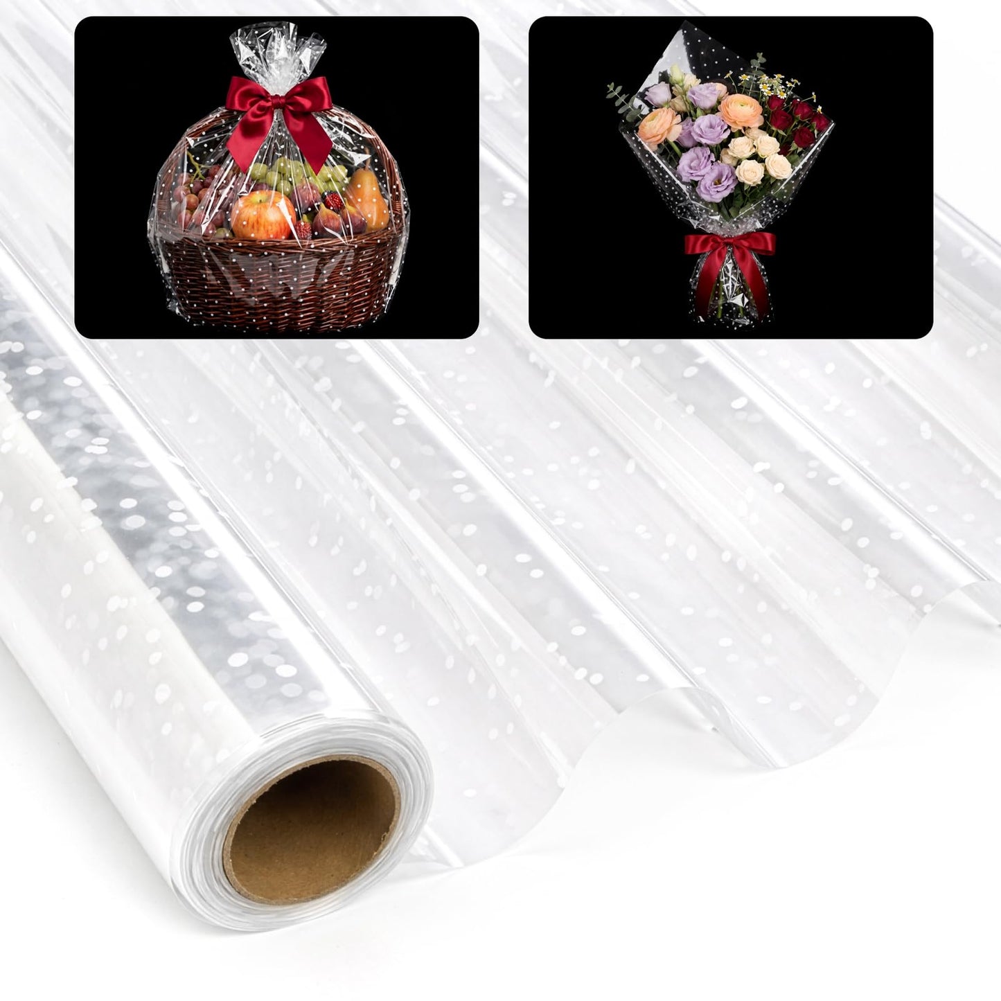 yarlung 2 Pack 33 Inch x 100 Feet Clear Cellophane Wrap Roll with White Dot, Folded Thick Transparent Gift Wrapping Paper for Gift Baskets, Candy Treats, Flower Bouquets, Arts Crafts