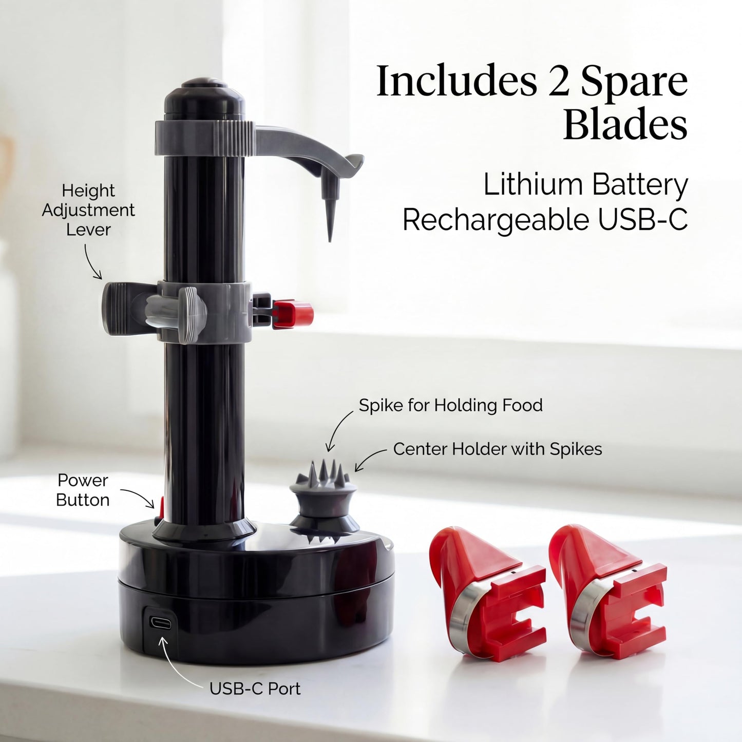 Electric Potato Peeler - USB-C Powered Electric Apple Peeler with 2 Spare Blades, Li-ion Battery, Black