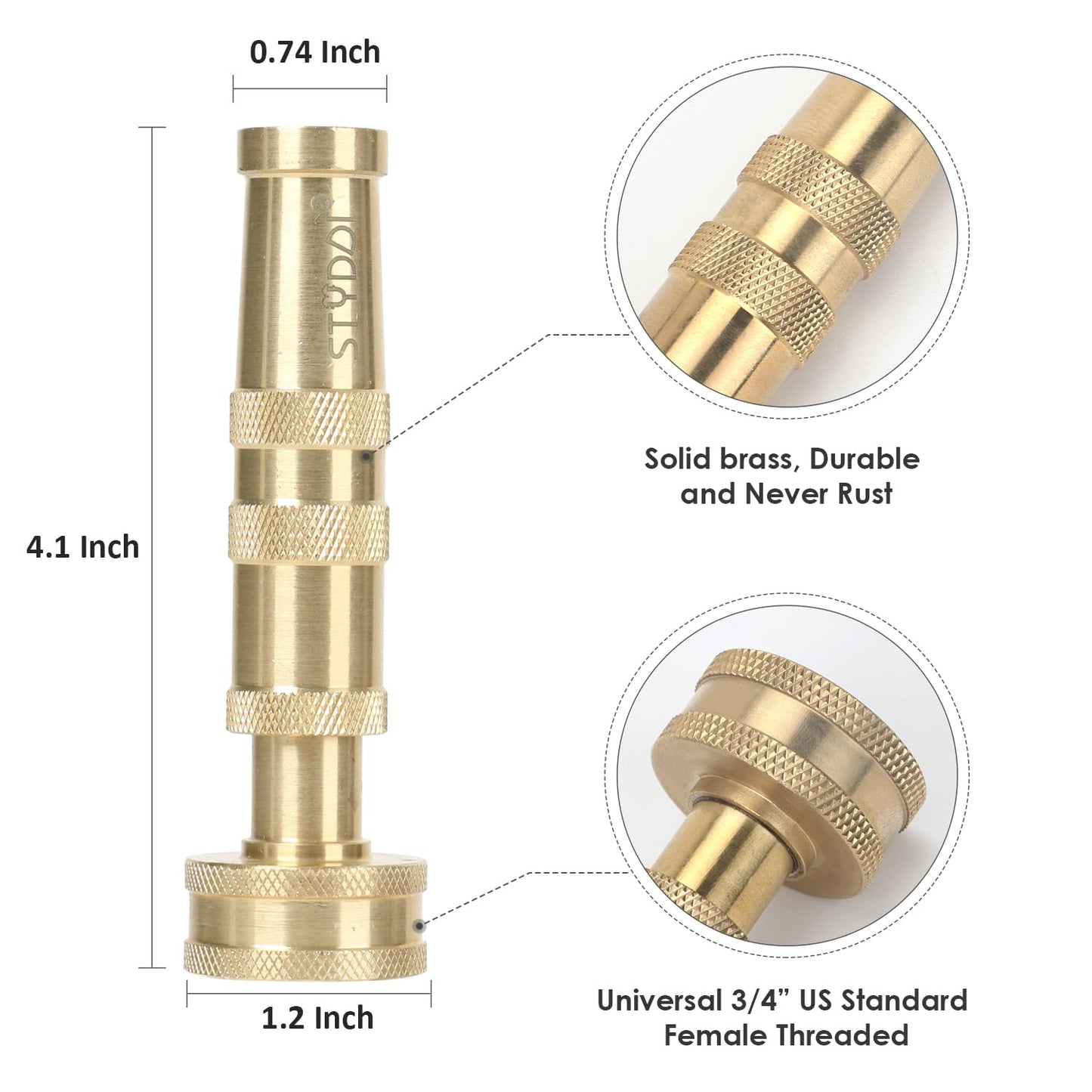 STYDDI Heavy Duty Brass Adjustable Hose Nozzle, 4" High Pressure Solid Brass Garden Hose Spray Nozzle with 6 Rubber Washers, Adjustable Twist Water Hose Nozzle, Adjustable Spray Patterns, 2 Pack