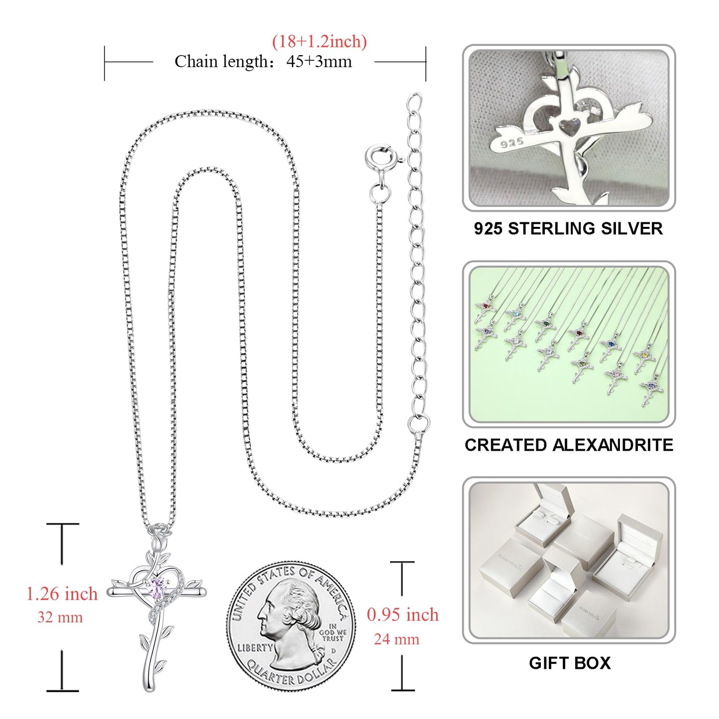 STARCHENIE Rose Cross Necklace 925 Sterling Silver Heart Crucifix Pendant Created Alexandrite Jewelry for Women