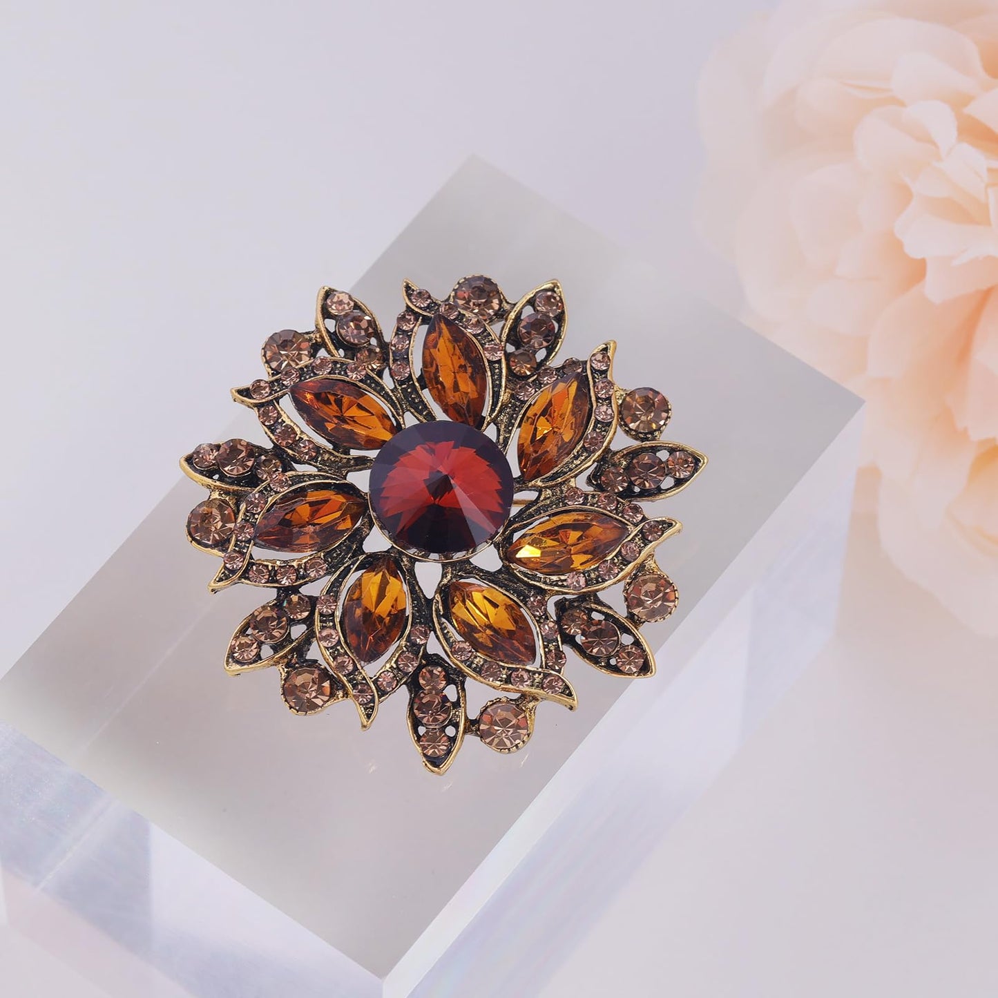 LAXPICOL Vintage Women's Brown Austrian Crystal Elegant Flower Brooch Wedding Broach Pin