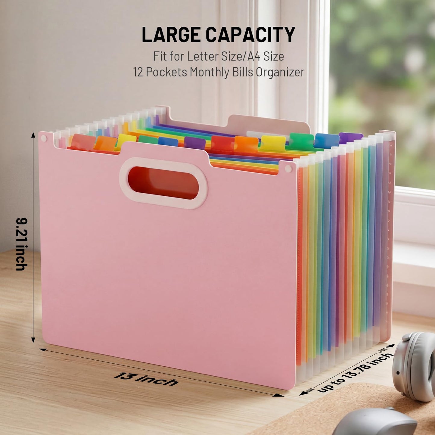 Comix Expanding File Folder, 13 Pockets Accordion File Organizer, Letter/A4 Size Document Organizer for Home Office School, Pink