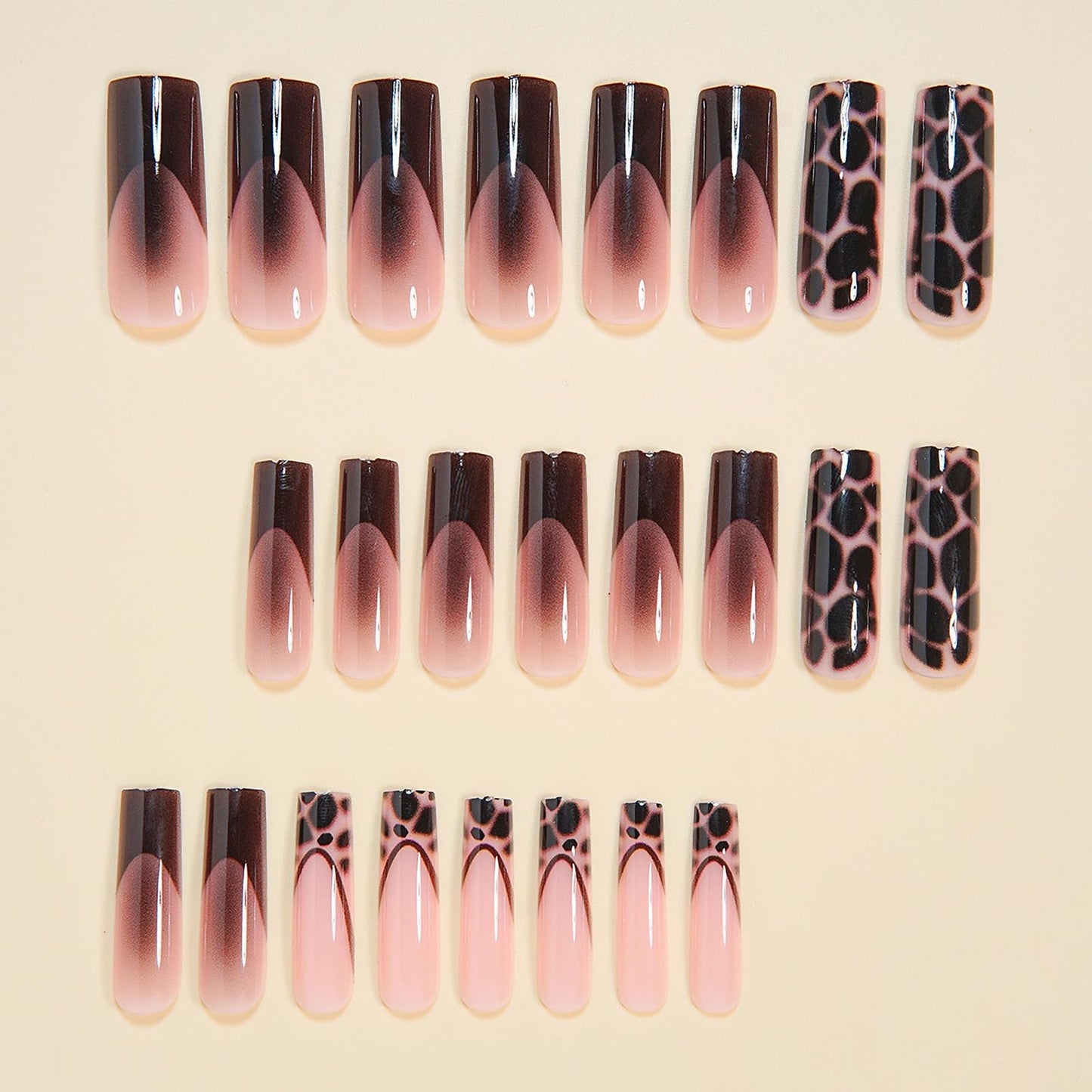 MISUD Press on Nails - Long Square Fake Nails with Black Brown French Tip, Acrylic Tortoise Design 24 pcs