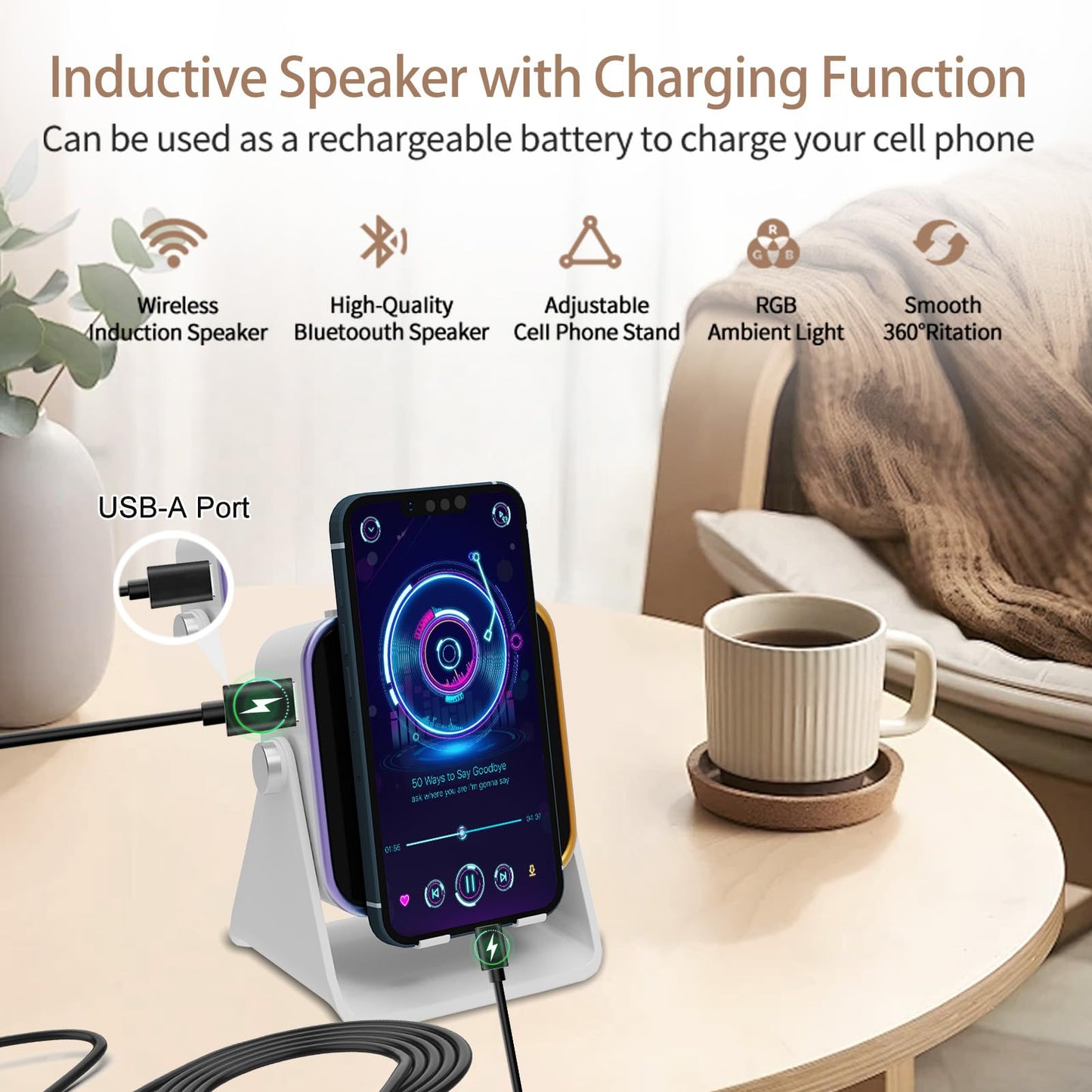 Wireless Induction Speaker 5-in-1 Bluetooth Speaker with Phone Holder, Surround Sound, 3500mAh, 8 RGB Ambient Lights, 360° Adjustable Stand, Holder for iPhone/Android/iPad Gifts for Men Women (White)