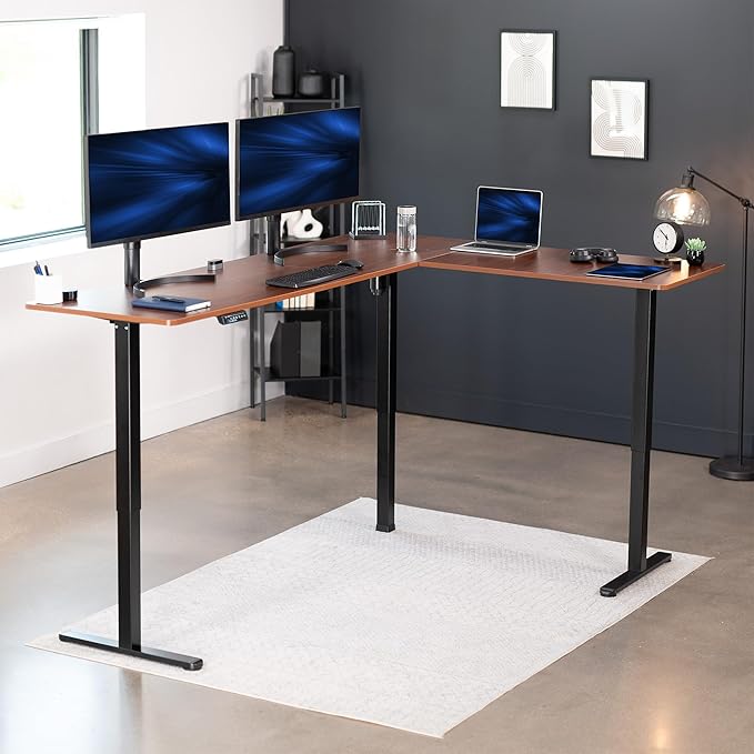 VIVO Corner Standing Desk, 84 x 63 inch Reversible L-Shaped Workstation, Electric Height Adjustment, Home, Office, and Reception Rooms, Dark Walnut Table Top Black Frame, DESK-E3CTBD-84