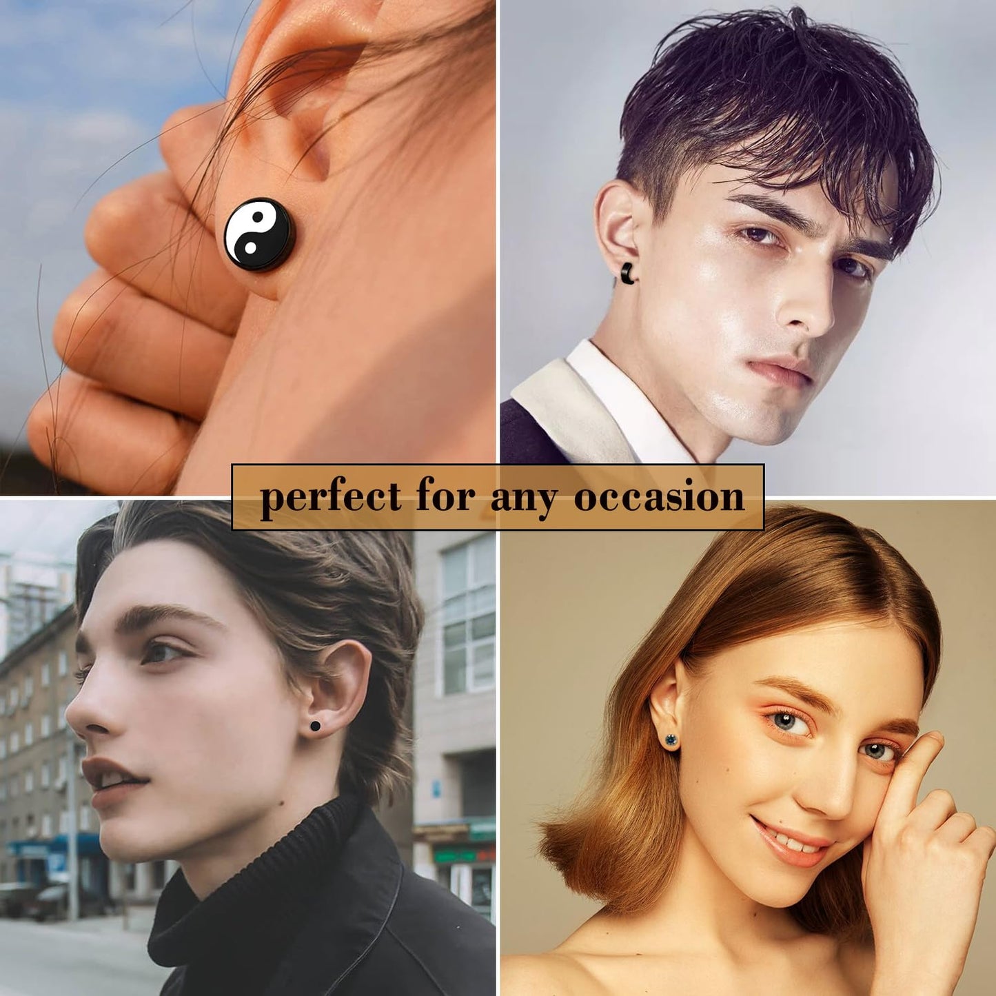 SIISPRI 4 Pairs Black Earrings for Men, Titanium Screw Back Surgical Stainless Steel Stud Earrings Rainbow 5A Cubic Zirconia Hypoallergenic Aritos Para Hombre Studs Jewelry Set for Men Women,