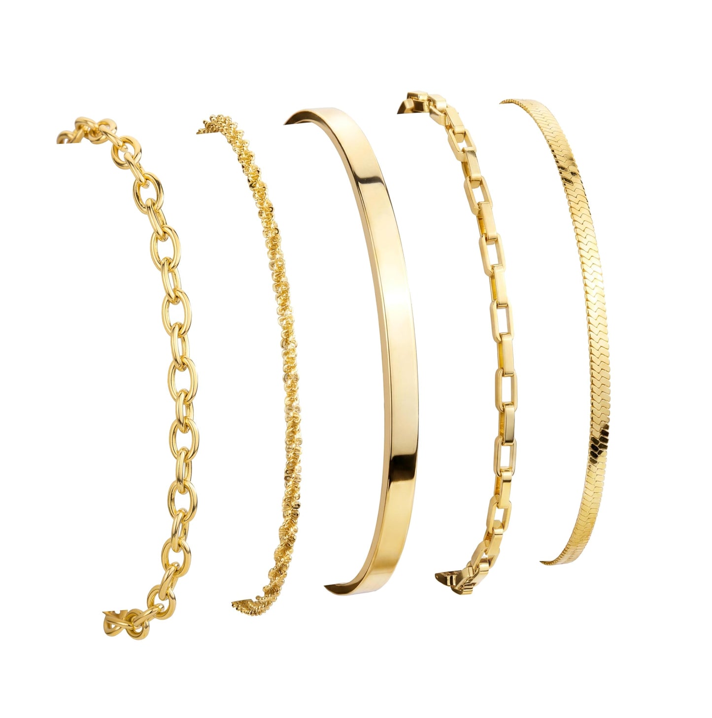 Chunky Gold Bracelets for Women Stack, Adjustable Set 14K Gold Plated on Copper, Stackable Bangle Cuff, Box Link, Figaro, Herringbone, Sparkling Chain, Waterproof Tarnish Resistant Jewelry Gift for Women