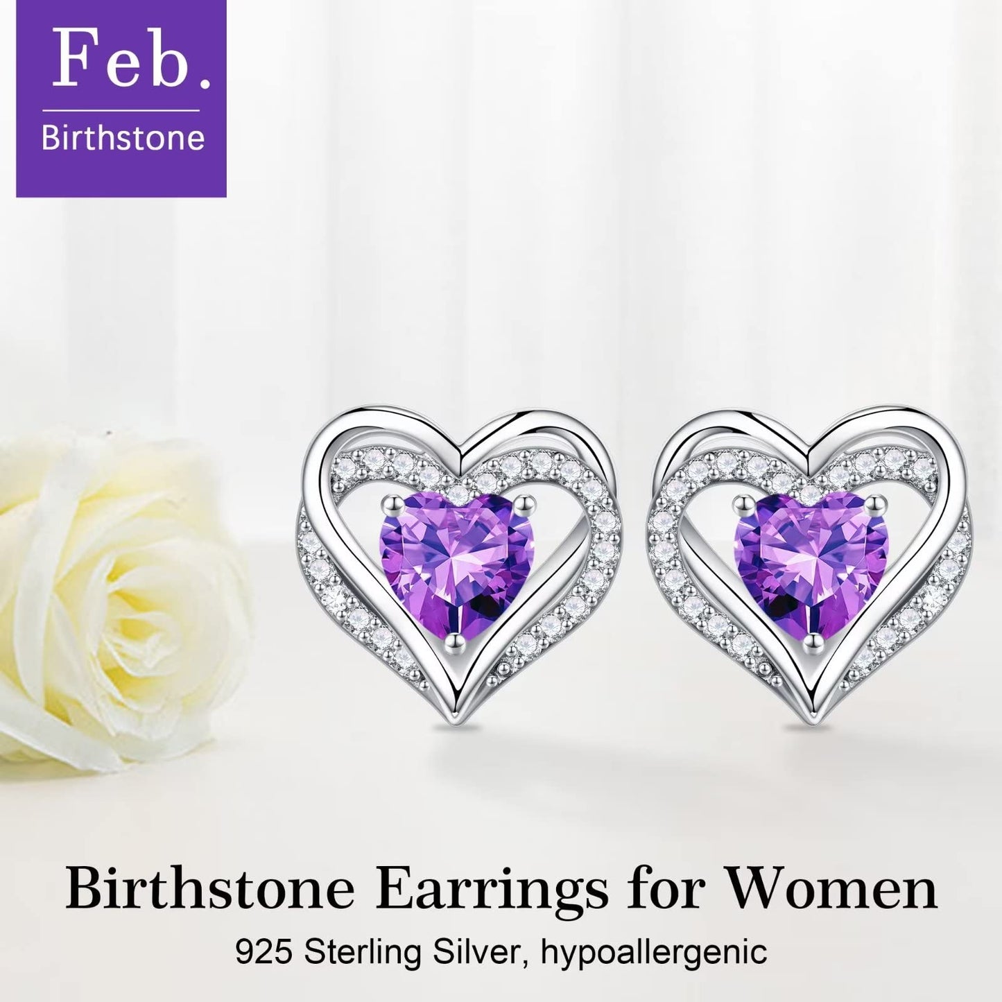 Iefil Birthstone Earrings for Women - 925 Sterling Silver February Birthstone Purple Amethyst Heart Stud Earring for Women