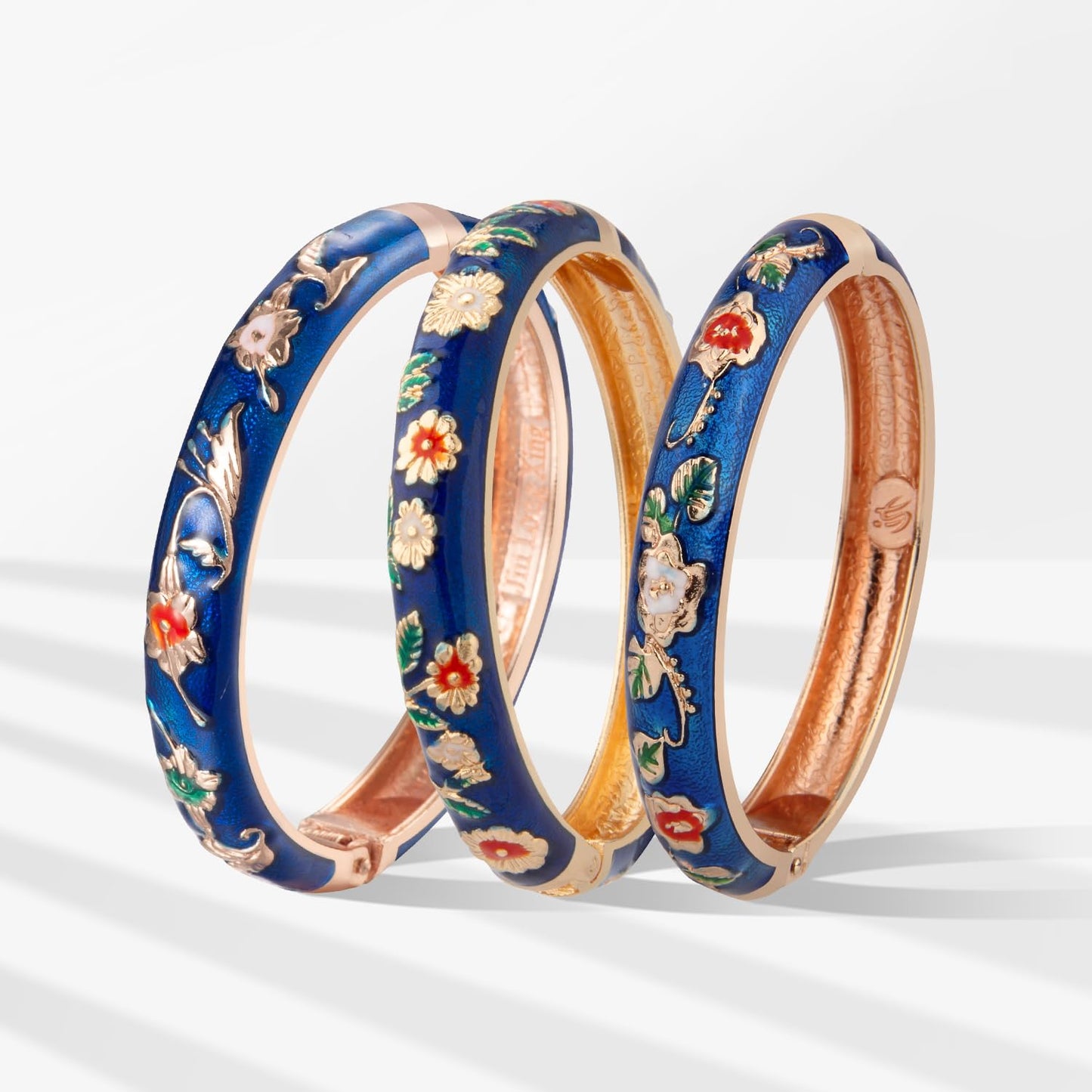 UJOY Womens Multi-Colors Cloisonne Bracelet Gold Plated Flower Enameled Hinged Cuff Bangles Jewelry Gift 55A-3PCS Navy Blue