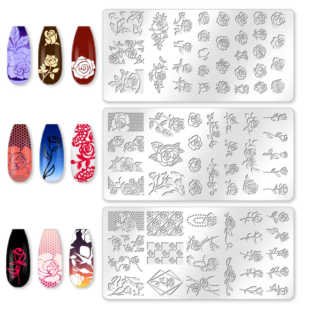 beinkmake 3Pcs Roses Nail Stamping Plate Set Vintage Flower Nail Stamp Templates Elegant Floral Leaf Metal Reusable Tools with Stamper Scraper for Manicure Printing