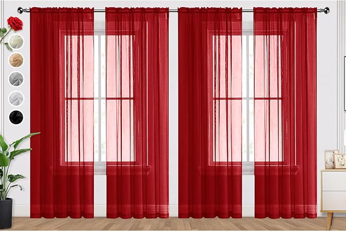 SpaceDresser Christmas Red Sheer Curtains 4 Panels Rod Pocket Semi-Sheer Curtain 45 Inches Long Light Filtering Voile Window Drapes for Bedroom Living Room Kitchen, Each 52W x 45L