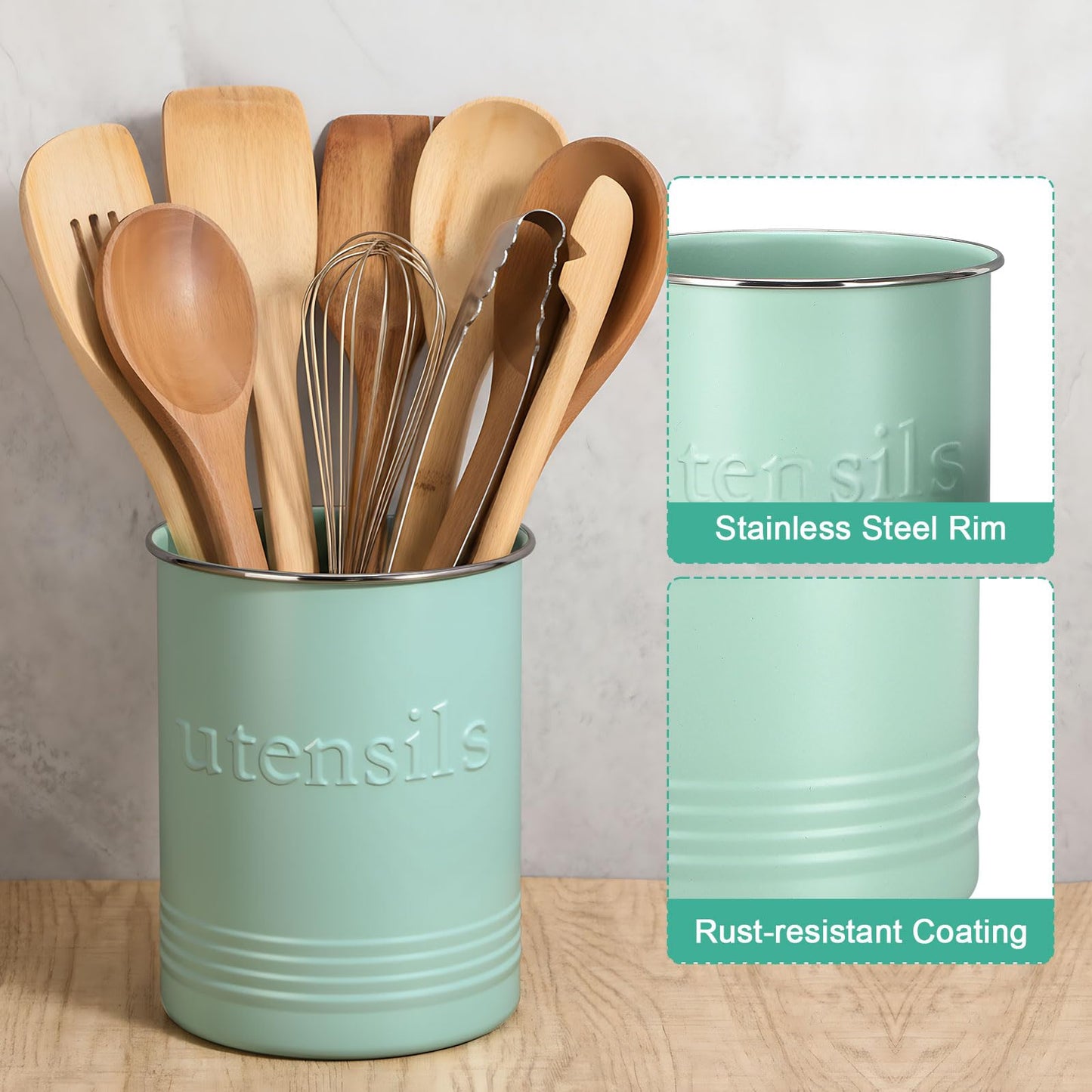FoldTier 2 Pack Kitchen Utensil Holder for Counter 6.7"+4.7" Farmhouse Cooking Utensil Crock with Cork Bottom Modern Farmhouse Decors Countertop Storage Organizer Caddy Housewarming Gift(Sage Green)