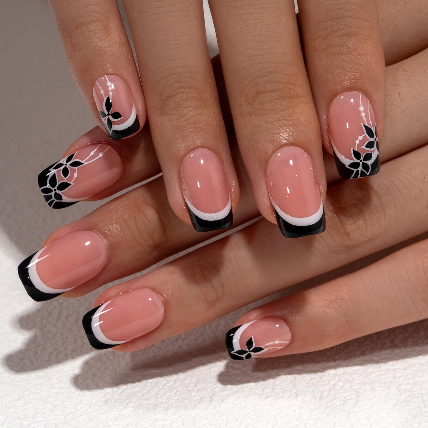 Curvlife Soft Gel Press on Nails, 30Pcs 15 Sizes Soft Gel Nail Tips, Full Cover Design Reusable Fake Nails Kit with Glue and Adhesive Tabs (black flower french, Medium)
