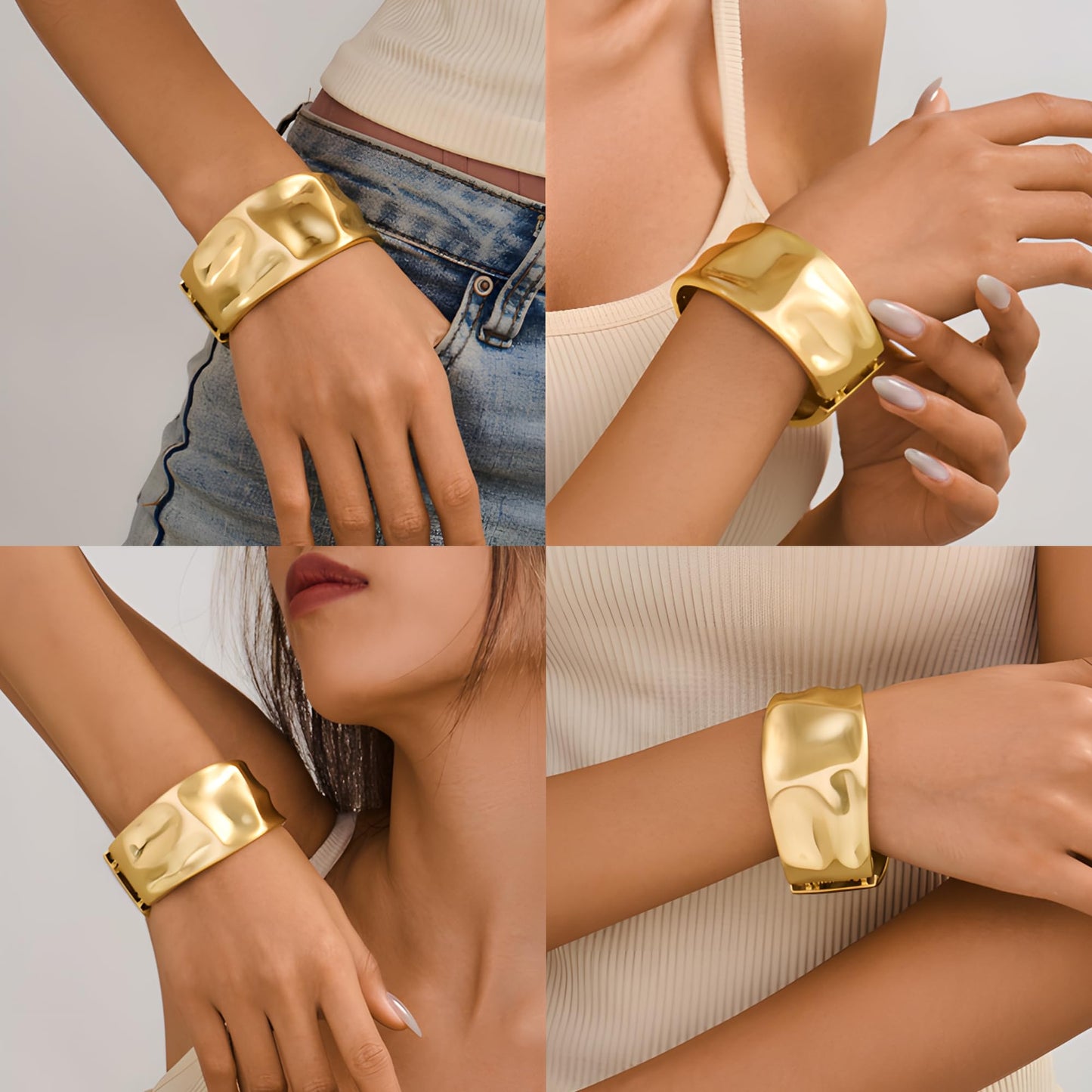Gold Plated Brushed Textured Cuff Bracelet for Women - Wavy Pattern Matte Bangle, Stylish Statement Jewelry, Daily & Party Wear Accessory