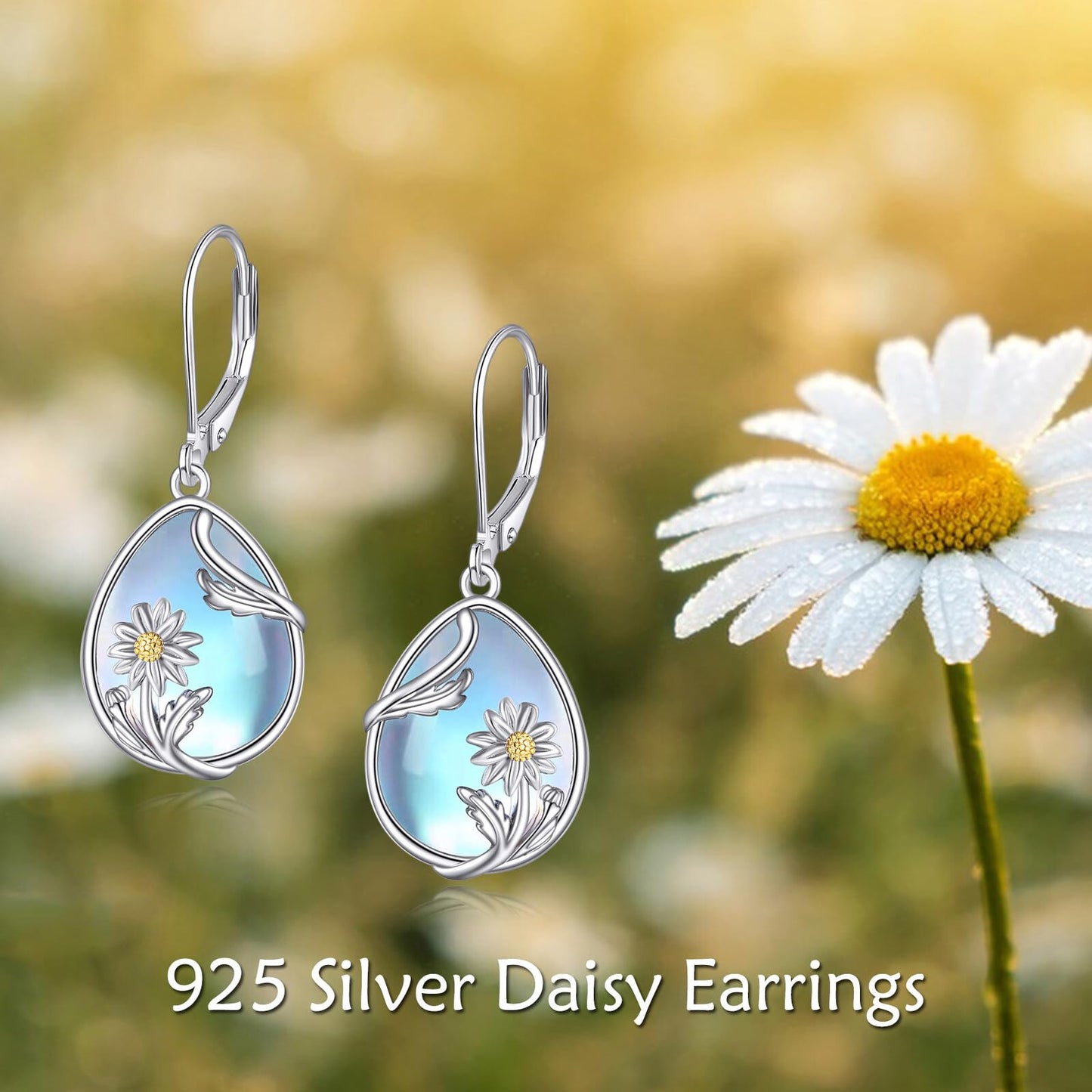 YFN Daisy Flower Moonstone Earrings 925 Sterling Silver Flower Moonstone Drop Leverback Earrings Jewelry