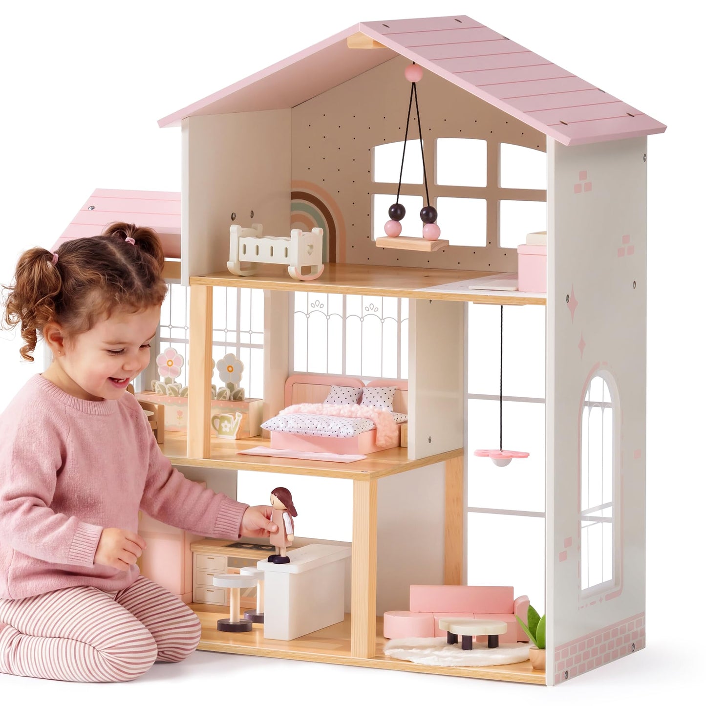 ROBOTIME Doll House for Girls – Three-Story Wooden Dollhouse with 6 Open Rooms, Transparent Conservatory, 37Pcs DIY Modular Furniture Accessories, Pretend Dollouse Creative Gift for Girl Ages 3+