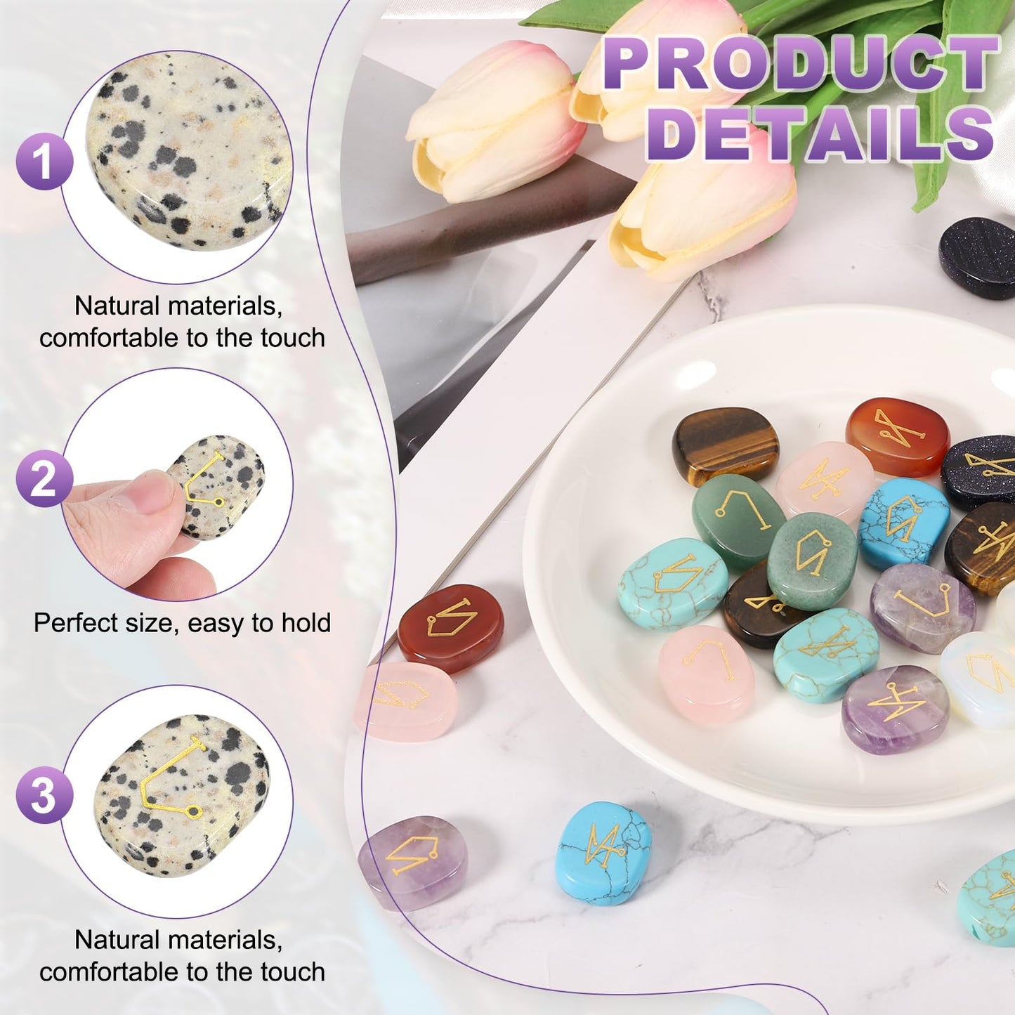 MECCANIXITY 4Pcs Engraved Chakra Stones with Reiki Symbols, Spotted Jasper Reiki Healing Crystal Gemstone 7 Chakra Crystal Stones Tumbled Palm Stone for Anxiety Relieve