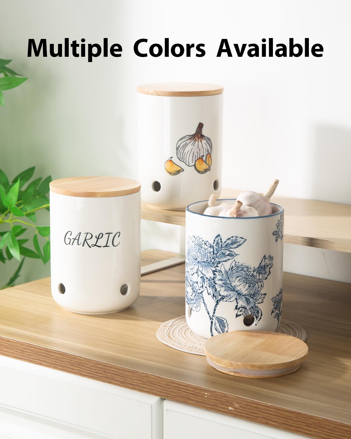 Magclay Ceramic Garlic Keeper with Lid, 40 Oz Large Garlic Holder, Garlic Storage Container, White with Black Text