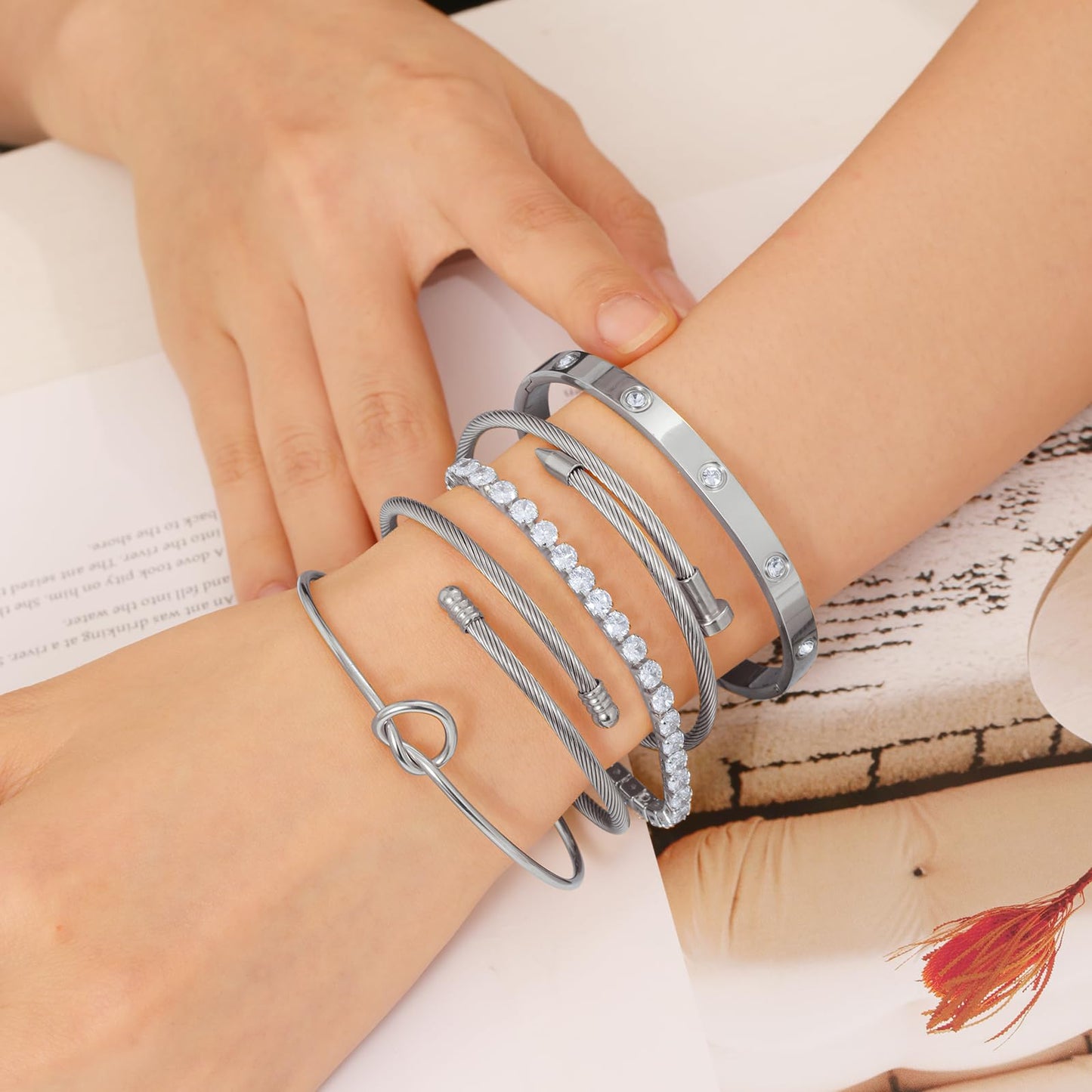 FAFUGA 18 K Silver Plated Love Bangle Bracelet Stack Cuff Jewelry for Women Jewelry Set for Women Gift with Box (B00051)