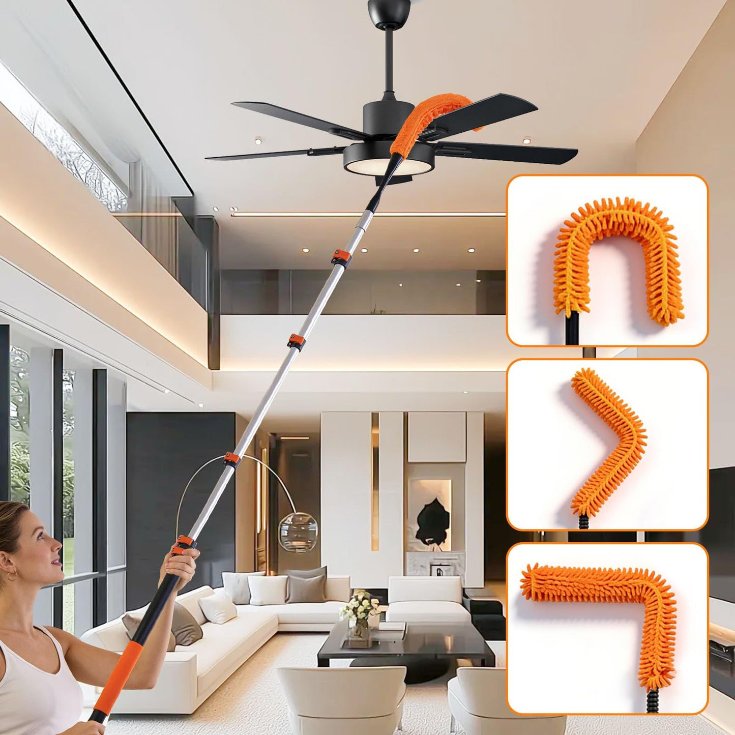 TONYINGO 26FT High Reach Duster Kit with 5-20FT Flip-Lock & Screw Dual Locking Extension Pole, Cobweb Duster, Washable Ceiling Fan Cleaner & Window Squeegee for Glass & High Roof