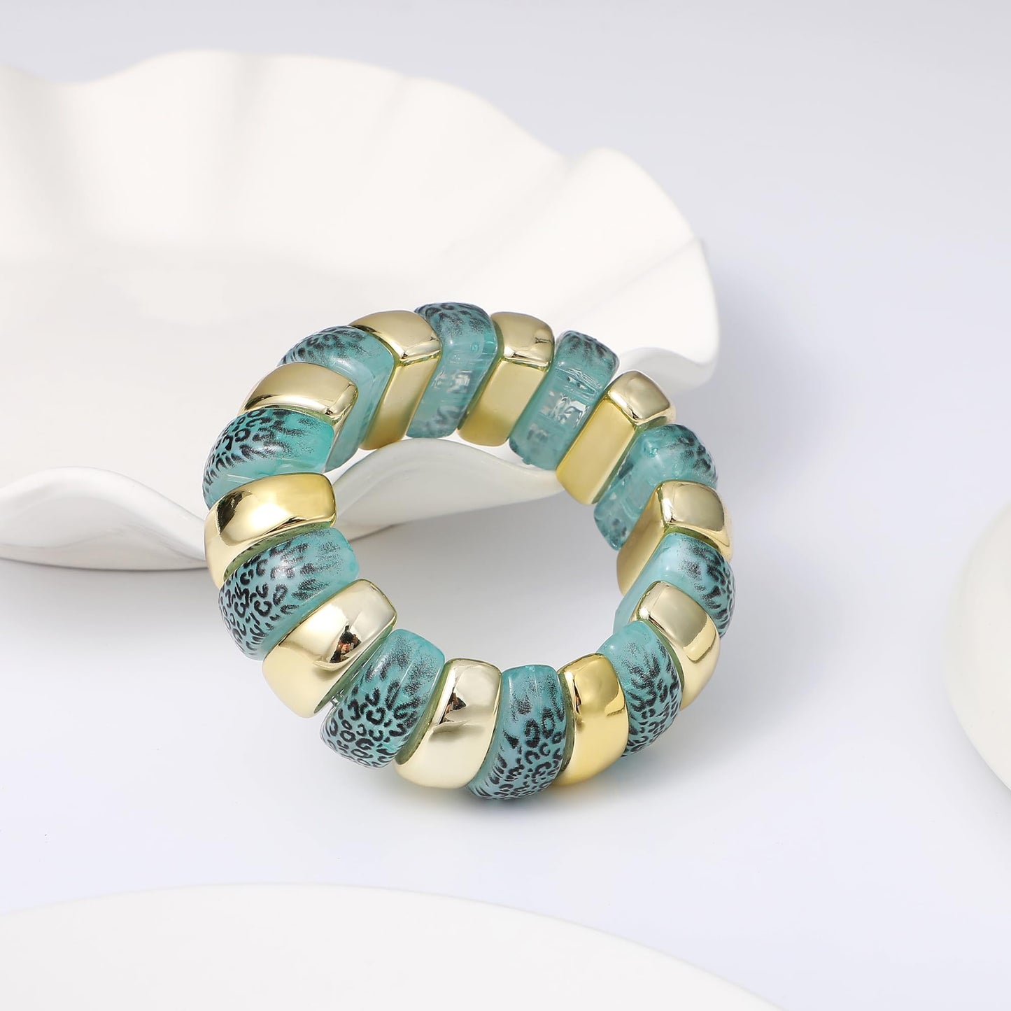 GOOJIDS Leopard Beaded Gold Plated Bangles Bracelet Chunky Bamboo Tube Curved Stacking Clear Acrylic Colorful Beads Stretchable Plated Bracelets Set For Women