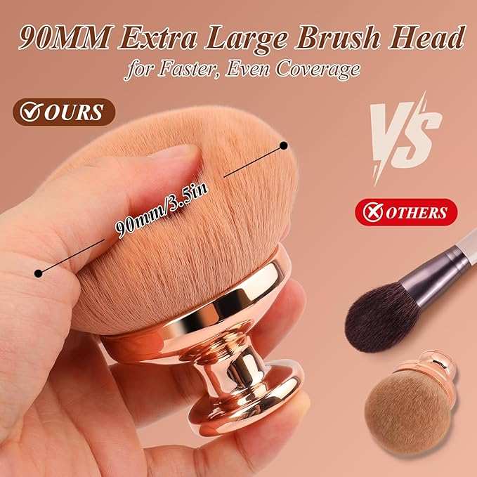 90MM Extra Large Self Tanner Kabuki Makeup Brush – GloréBrochas Ultra Soft Dense Vegan Bristles for Body Makeup, Bronzer & Foundation–Applies Tanning Mousse, Lotion & Self Tanner，Wet & Dry (Rose-Gold)