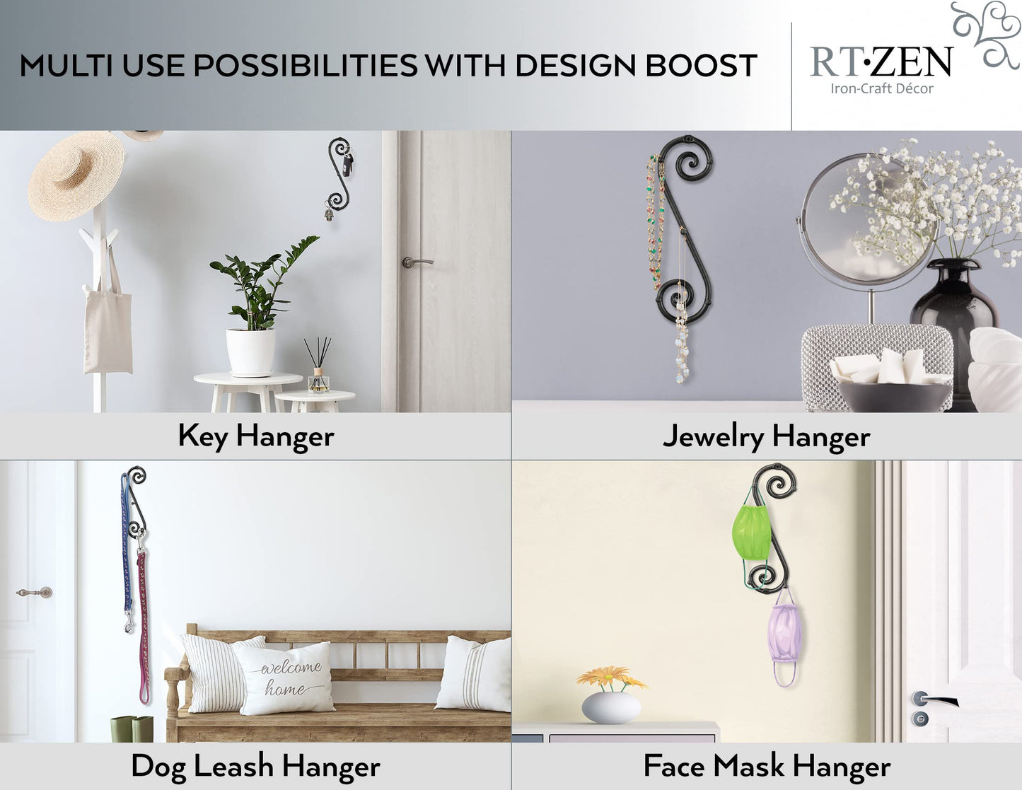 RTZEN Farmhouse Small Key Holder for Wall - Handcrafted Swirl Decorative 5 Key Hooks for Home Entryway - Wrought Iron Wall Mount Rack Purse Coat and Leash Holder or Organizer (Vertical Black)