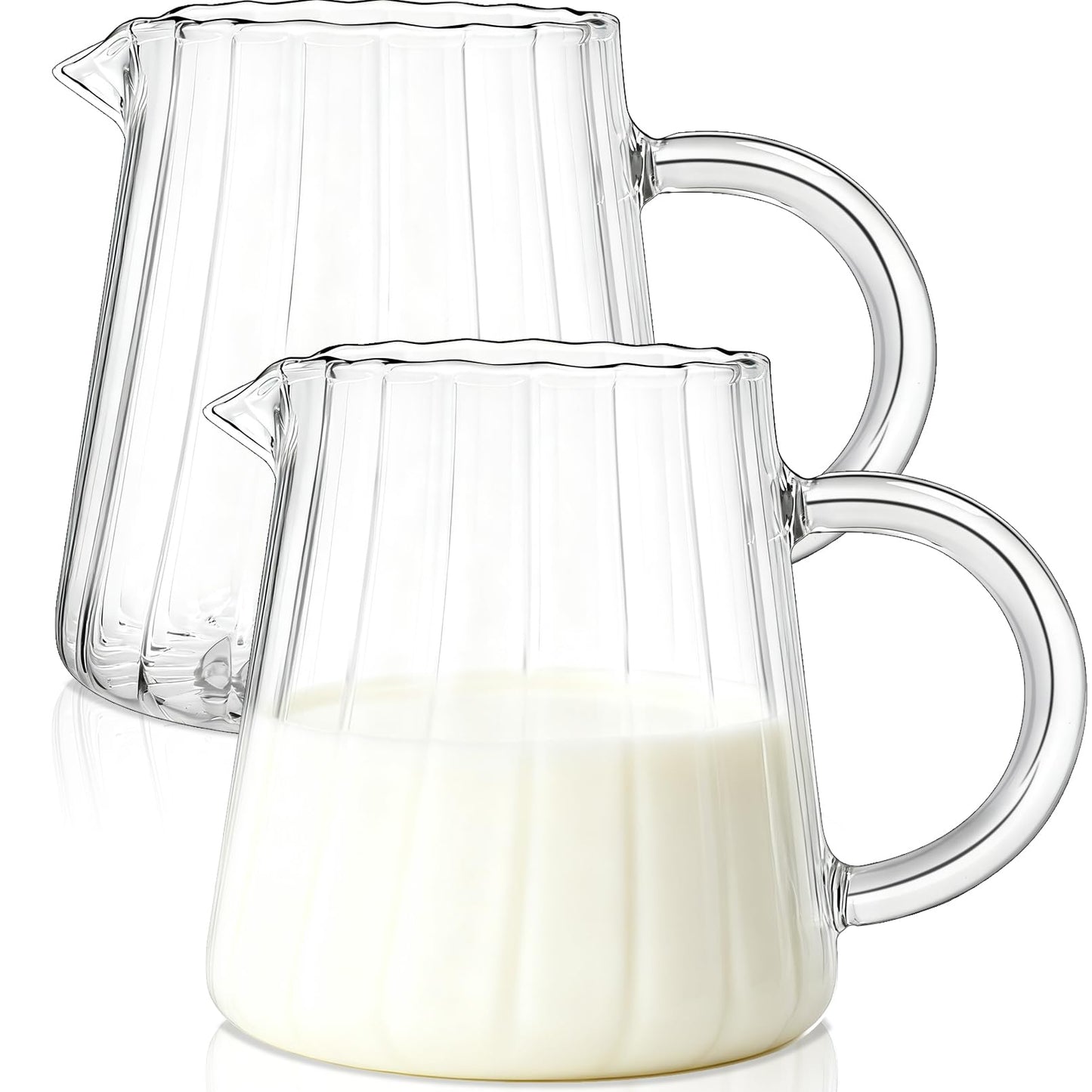 Enjamyo 2 Pcs Small Glass Creamer Pitcher With Box, 250ml Creamer Pitcher with Handle, Elegant Wave Shaped Small Glass Pitchers, Milk Frothing Pitchers, Serving Jug for Kitchen,Coffee Bar,Home
