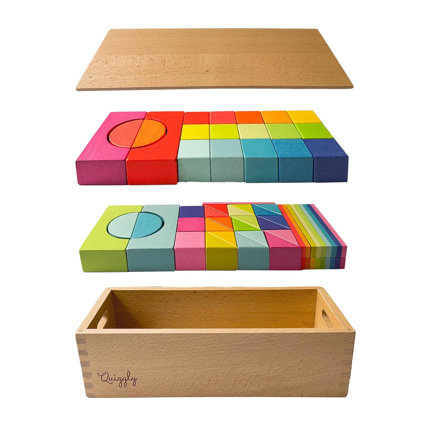Quiggly Montessori Wooden Rainbow Building Blocks Set | 68-Piece Educational STEM Toy for Toddlers | Includes Storage Box with Carry Handles | Ideal for Ages 12-48+ Months (Wooden Storage Box)