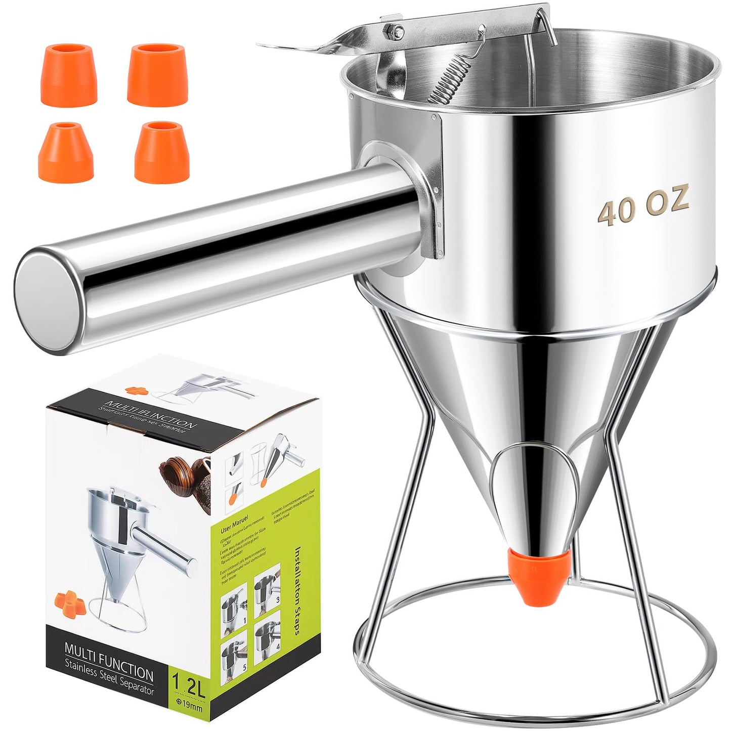 Babcarriery Pancake Batter Dispenser 40 OZ - Funnel Cake Dispenser With Stand, Stainless Steel, Leak-Proof Nozzle & Squeeze Handle, Precise Control, for Pancakes, Waffles, Cupcakes & Baked Goods