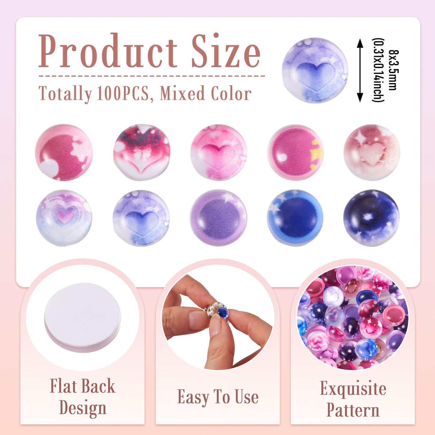 Craftdady 100Pcs 8mm Flat Round Dome Cabochons Glass Craft Doll Eyes Mixed Color Crystal Heart Pattern Eyes DIY Craft Art Cabochon for Doll Puppet Plush Animal Crafts DIY Jewelry Making